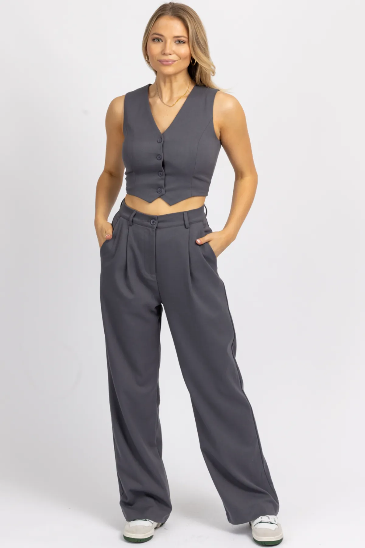 GREY BUTTON VEST + TROUSER SET