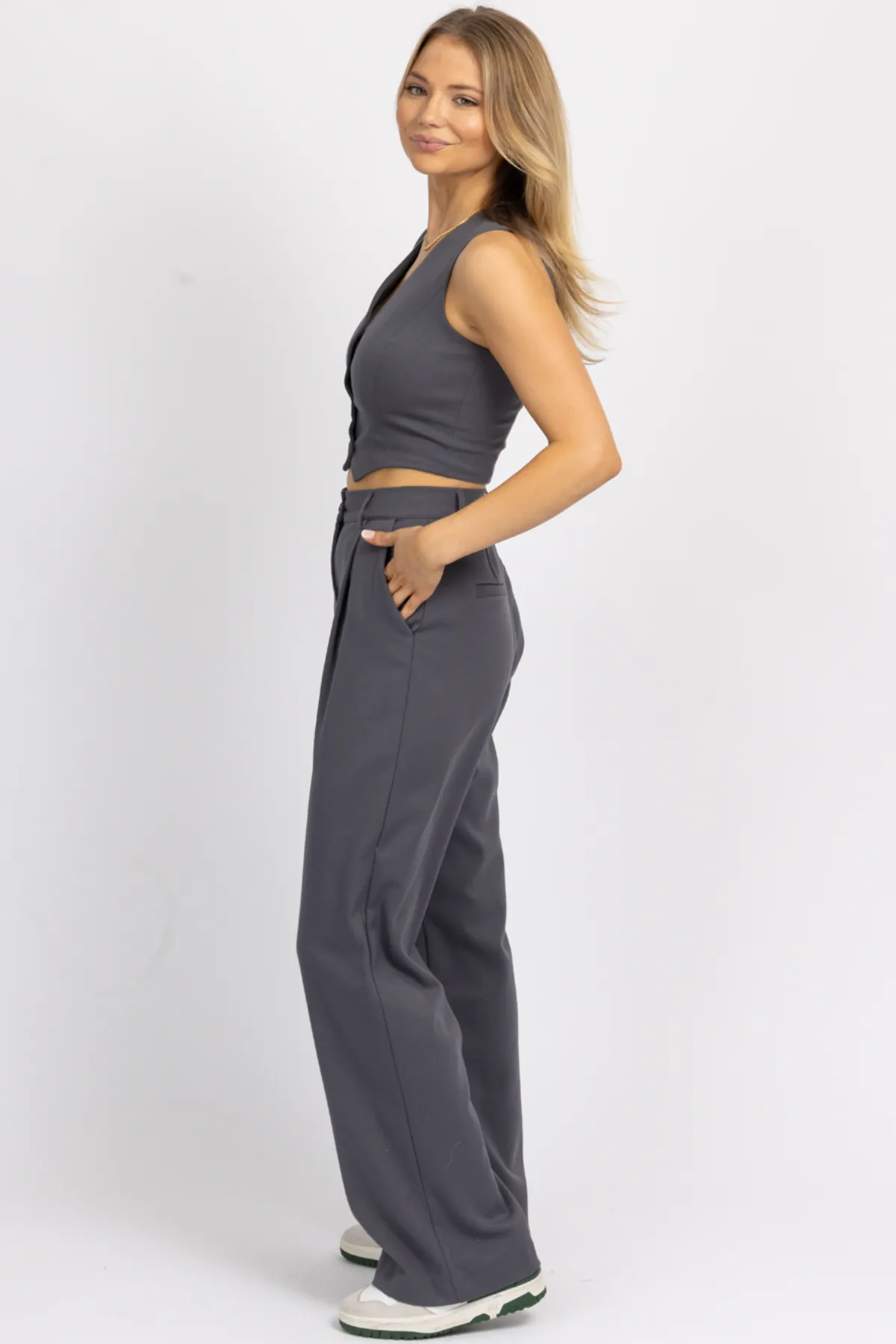 GREY BUTTON VEST + TROUSER SET