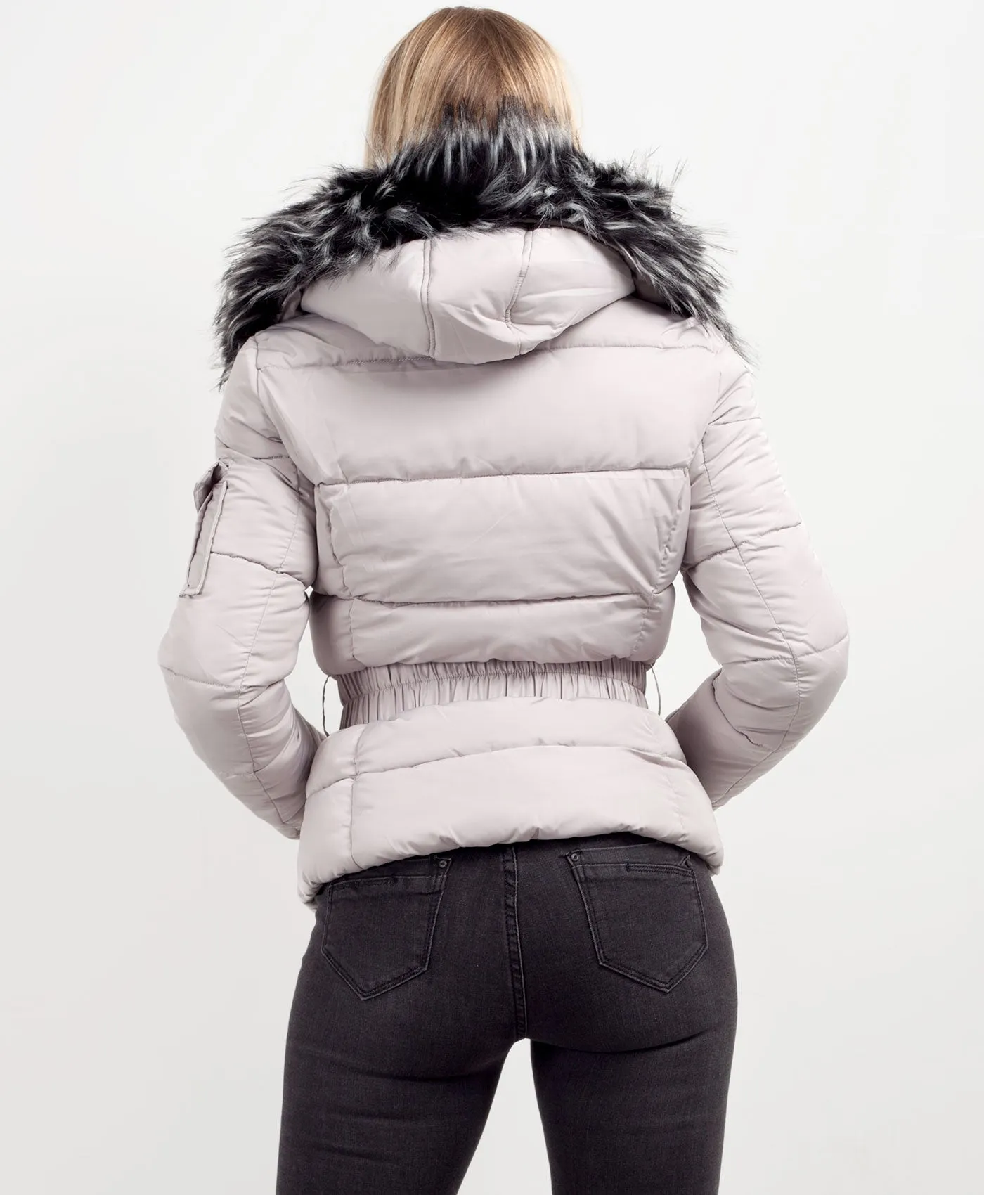 Grey Chunky Faux Fur Hood Belted Puffer Jacket