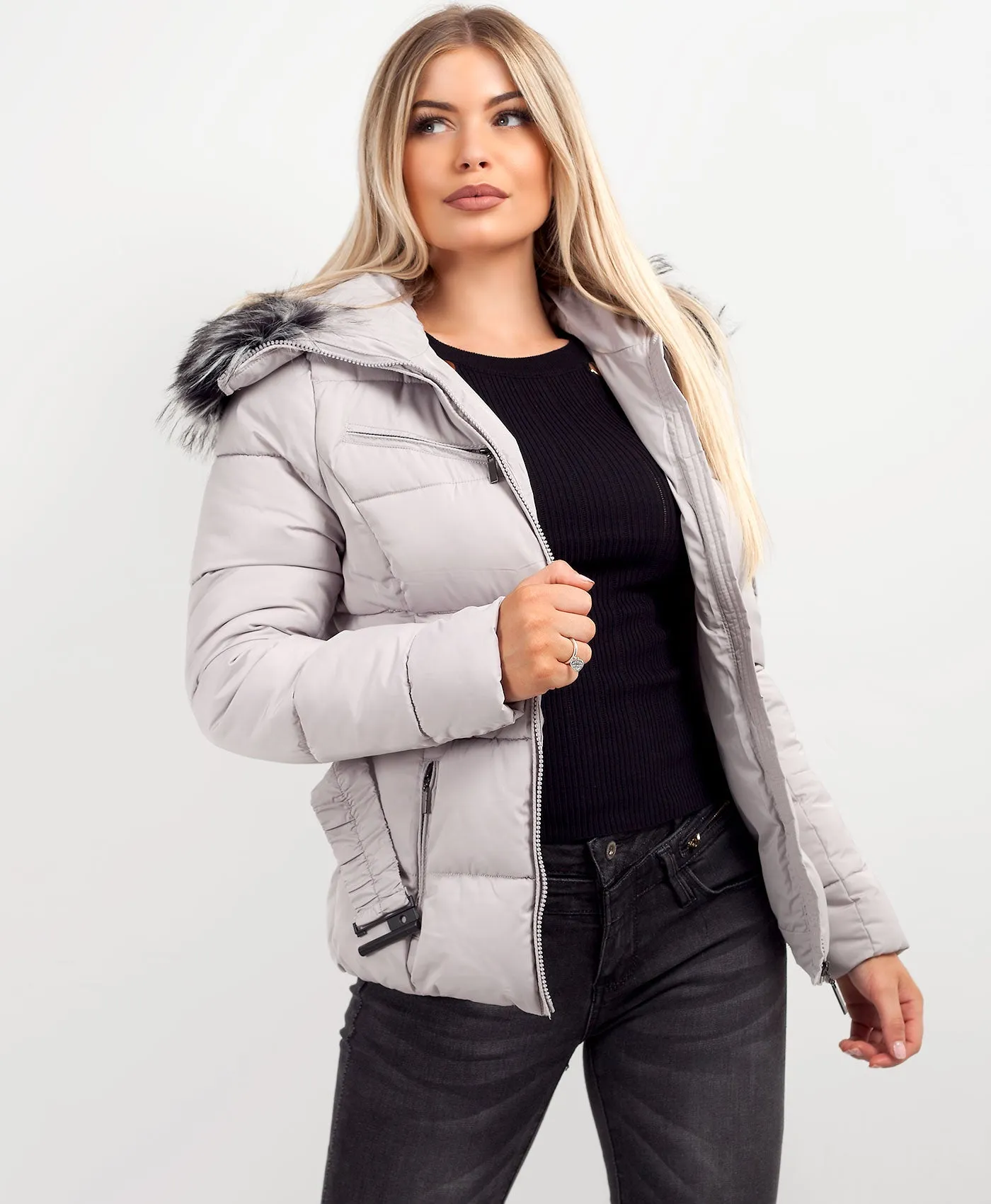 Grey Chunky Faux Fur Hood Belted Puffer Jacket