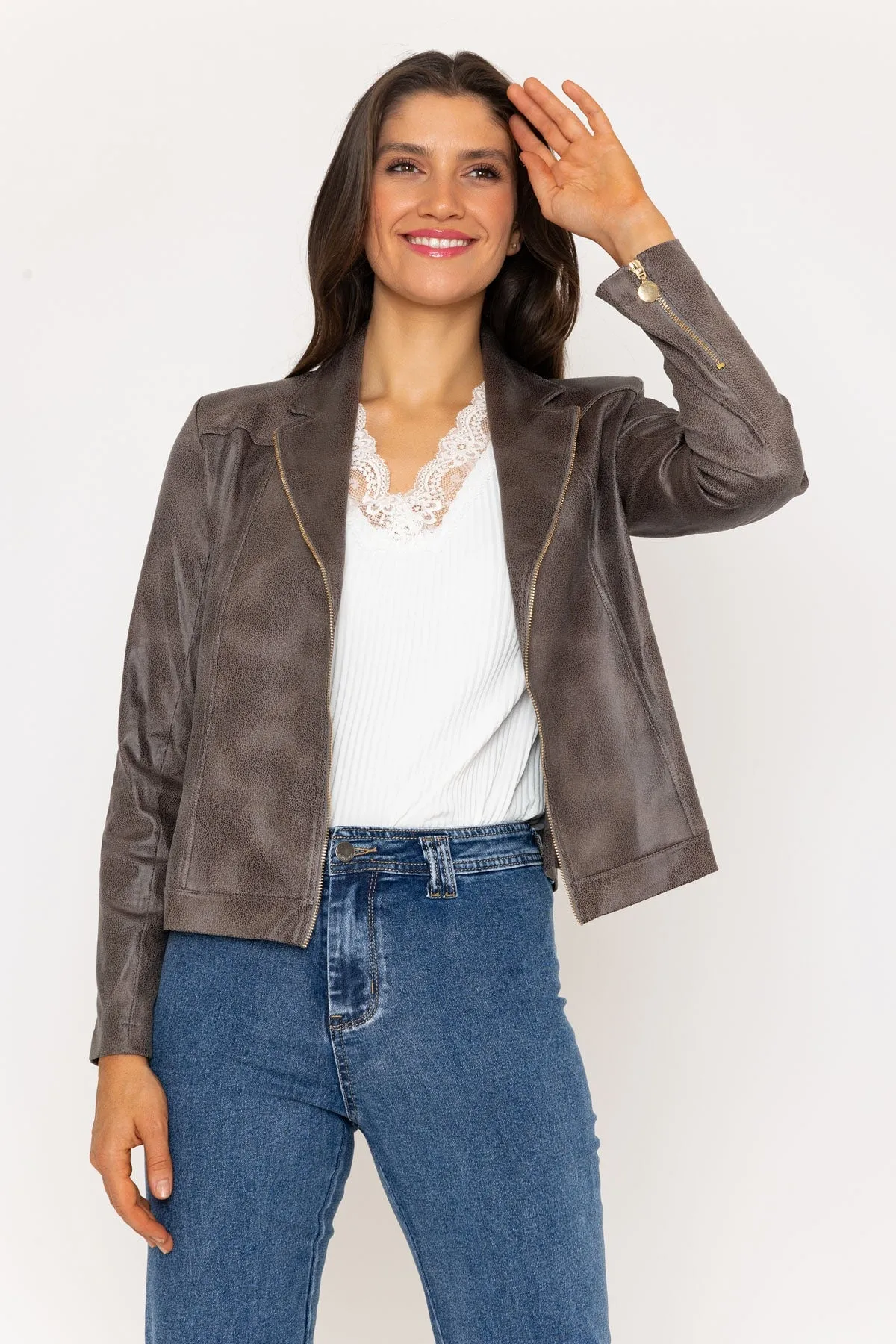 Grey Faux Leather Zip Jacket