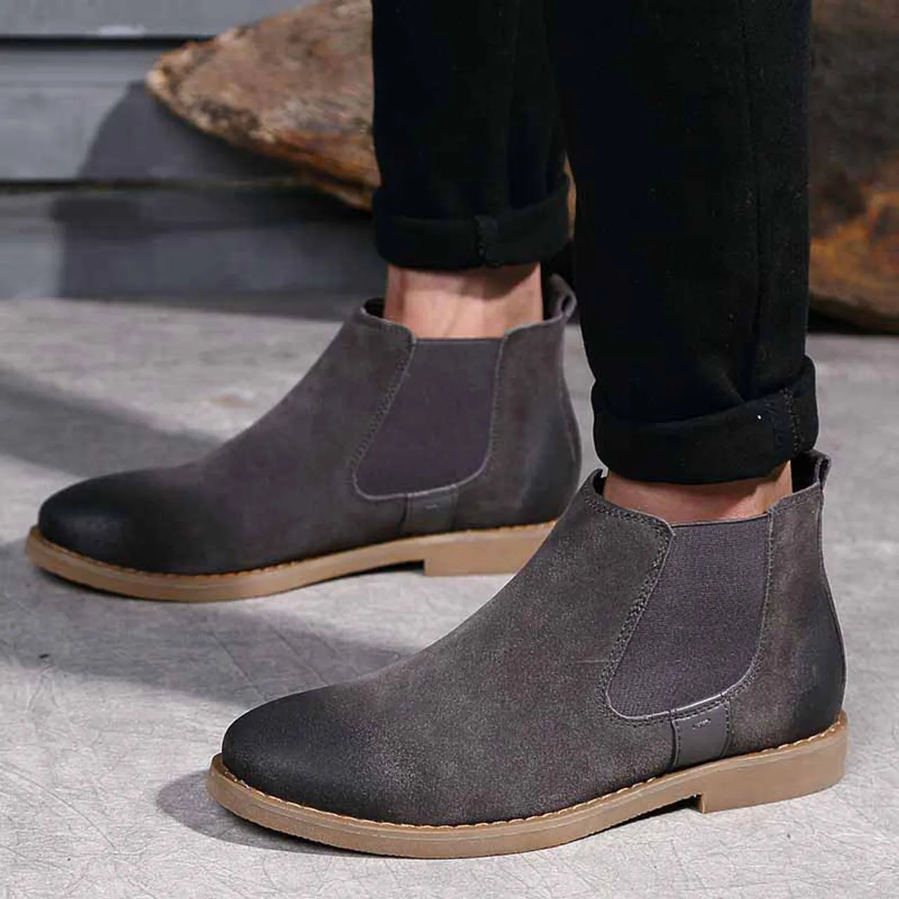 Grey retro leather slip on dress shoe boot