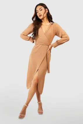 Hammered Wrap Front Belted Shirt Dress