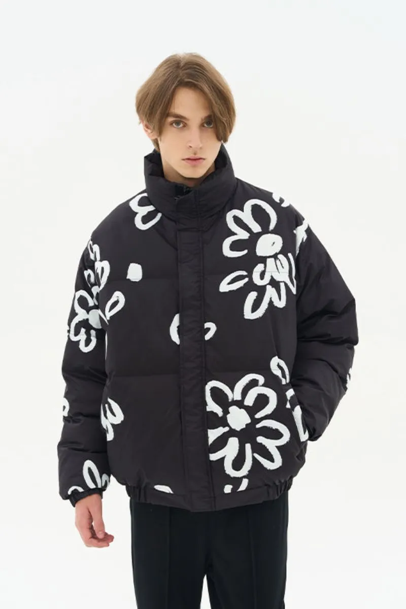 H/C Watercolor Flowers Stand Up Collar Down Jacket