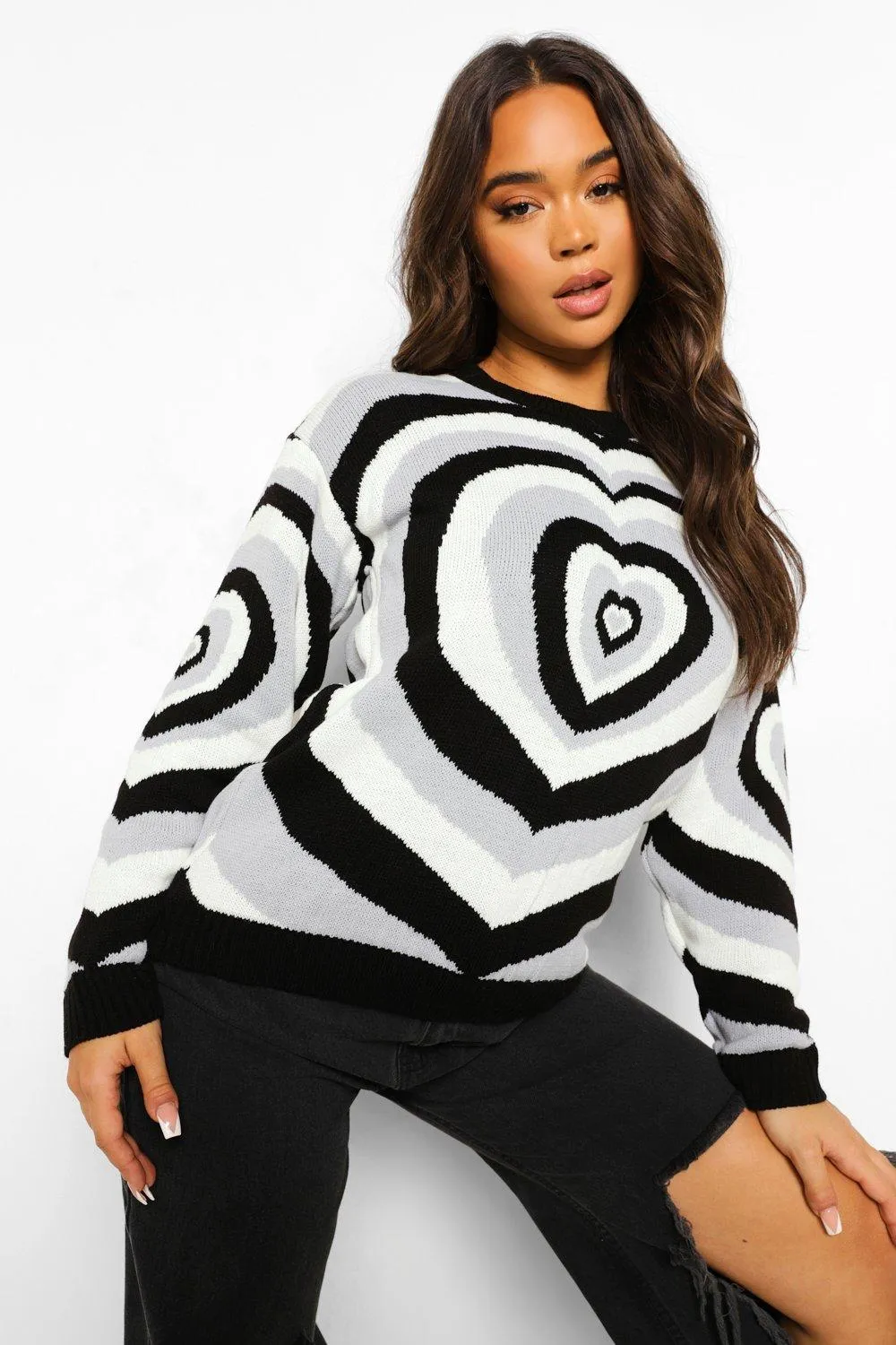 Heart Print Graphic Knitted Sweater