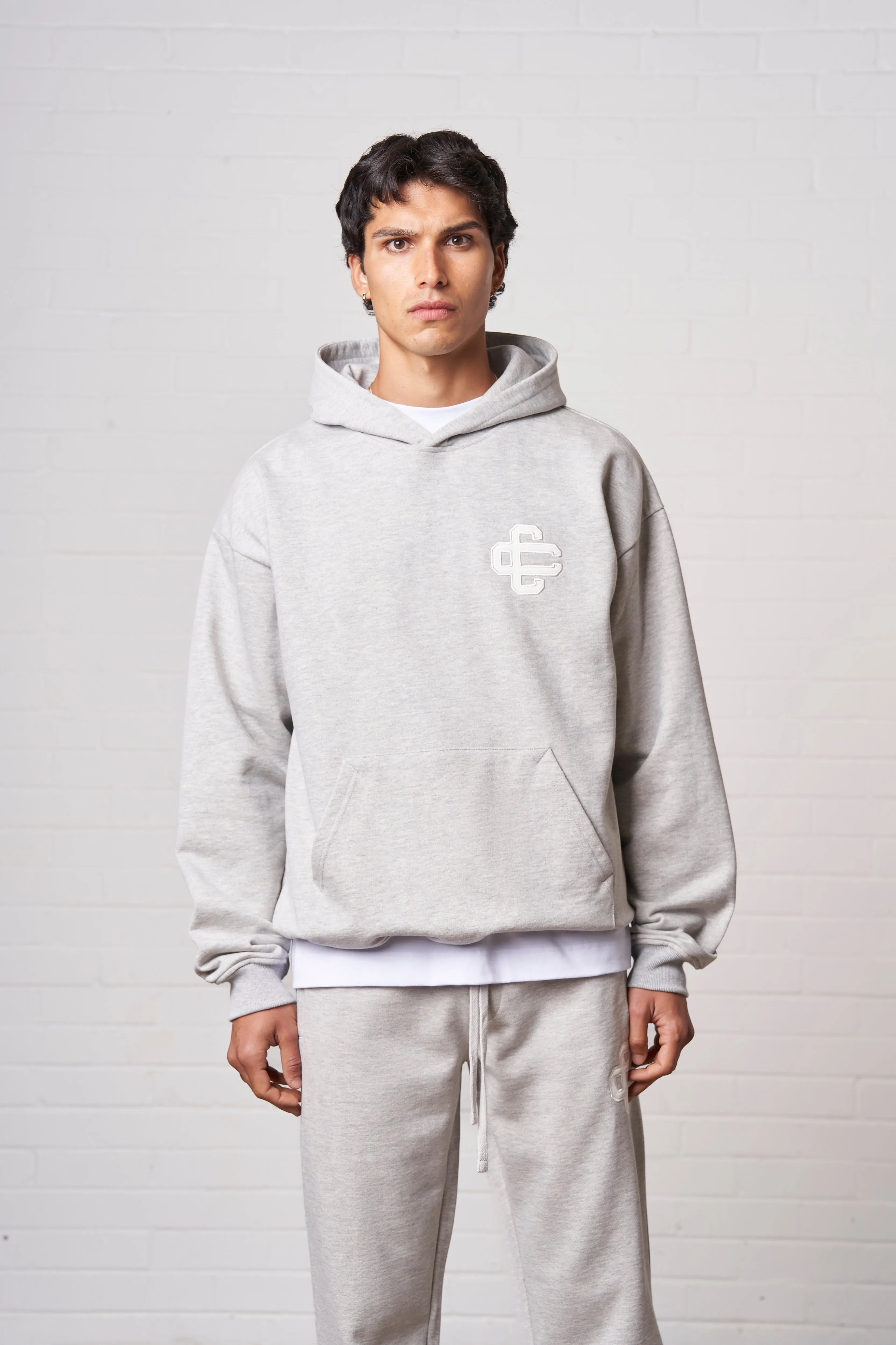 HEAVYWEIGHT APPLIQUE EMBLEM HOODIE - GREY MARL