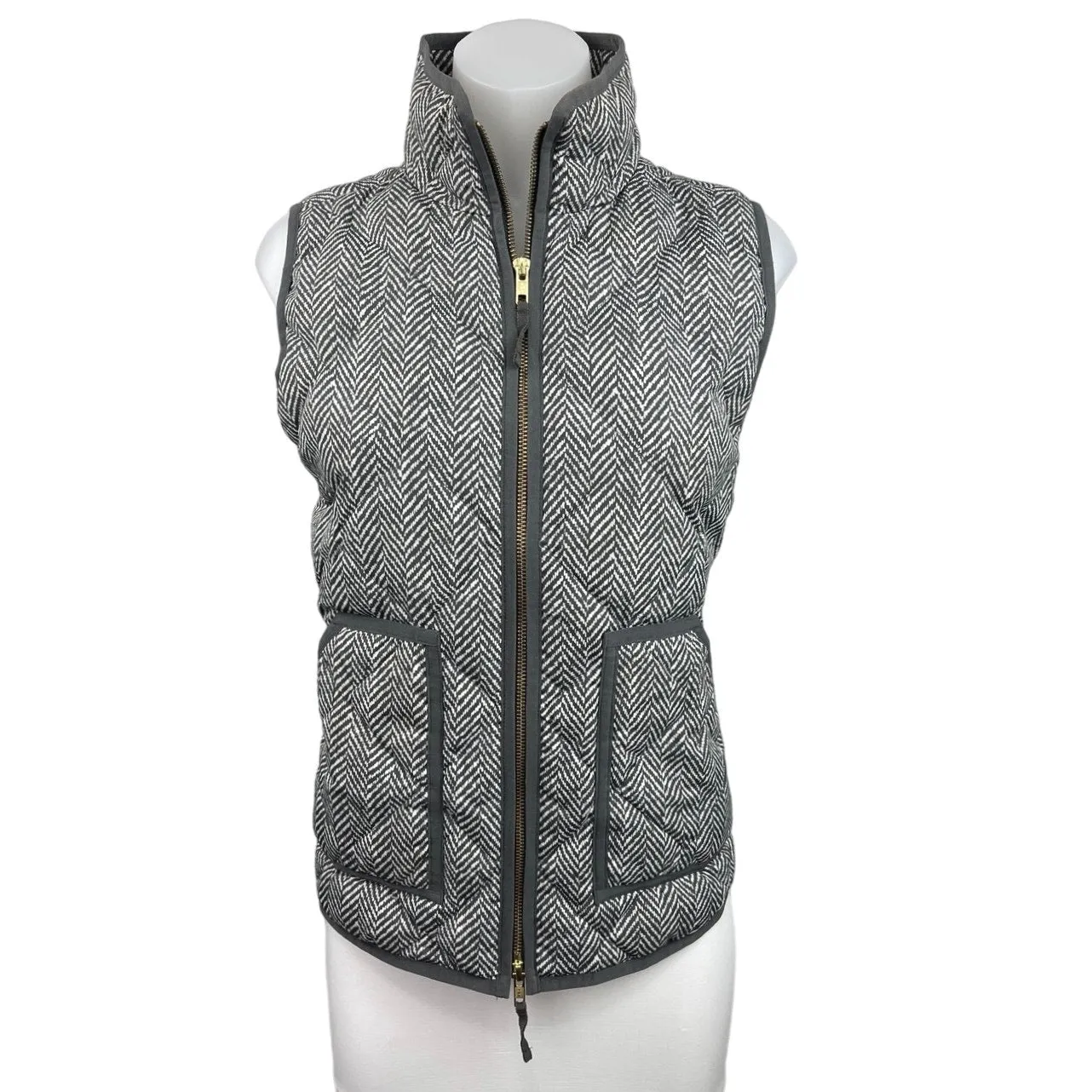 J Crew Gray Herringbone Full Zip Sleeveless Pockets Quilted Down Puffer Vest S