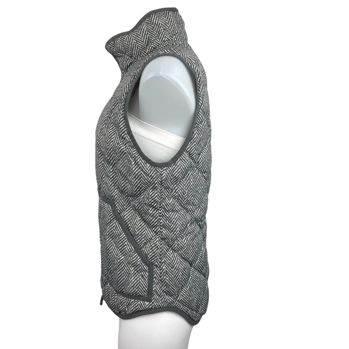 J Crew Gray Herringbone Full Zip Sleeveless Pockets Quilted Down Puffer Vest S