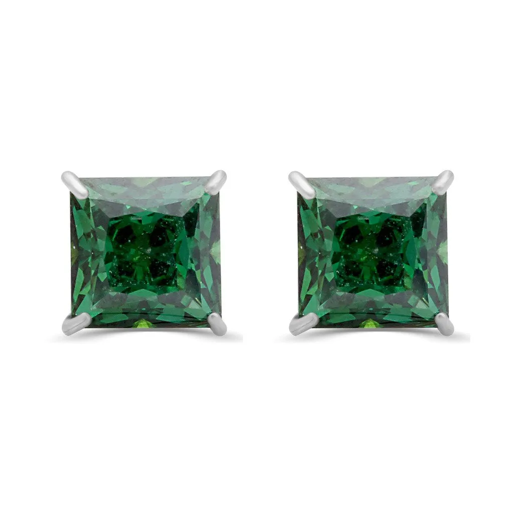 Jewelili 10K White Gold 6mm Princess Cut Green Cubic Zirconia Stud Earrings