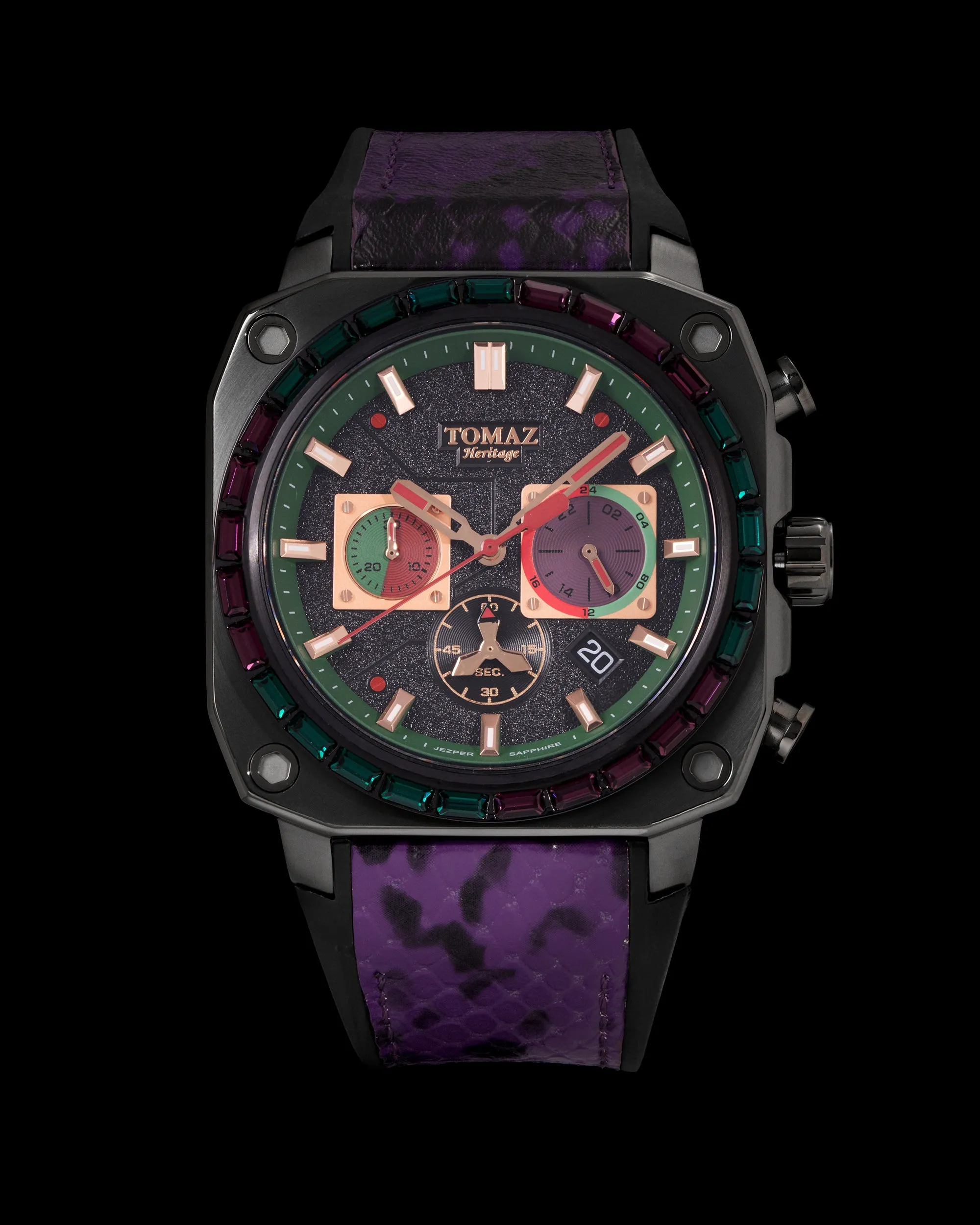 Jezper TQ021B-D11 (Black) with Purple Green Swarovski (Purple Salmon Rubber Strap)