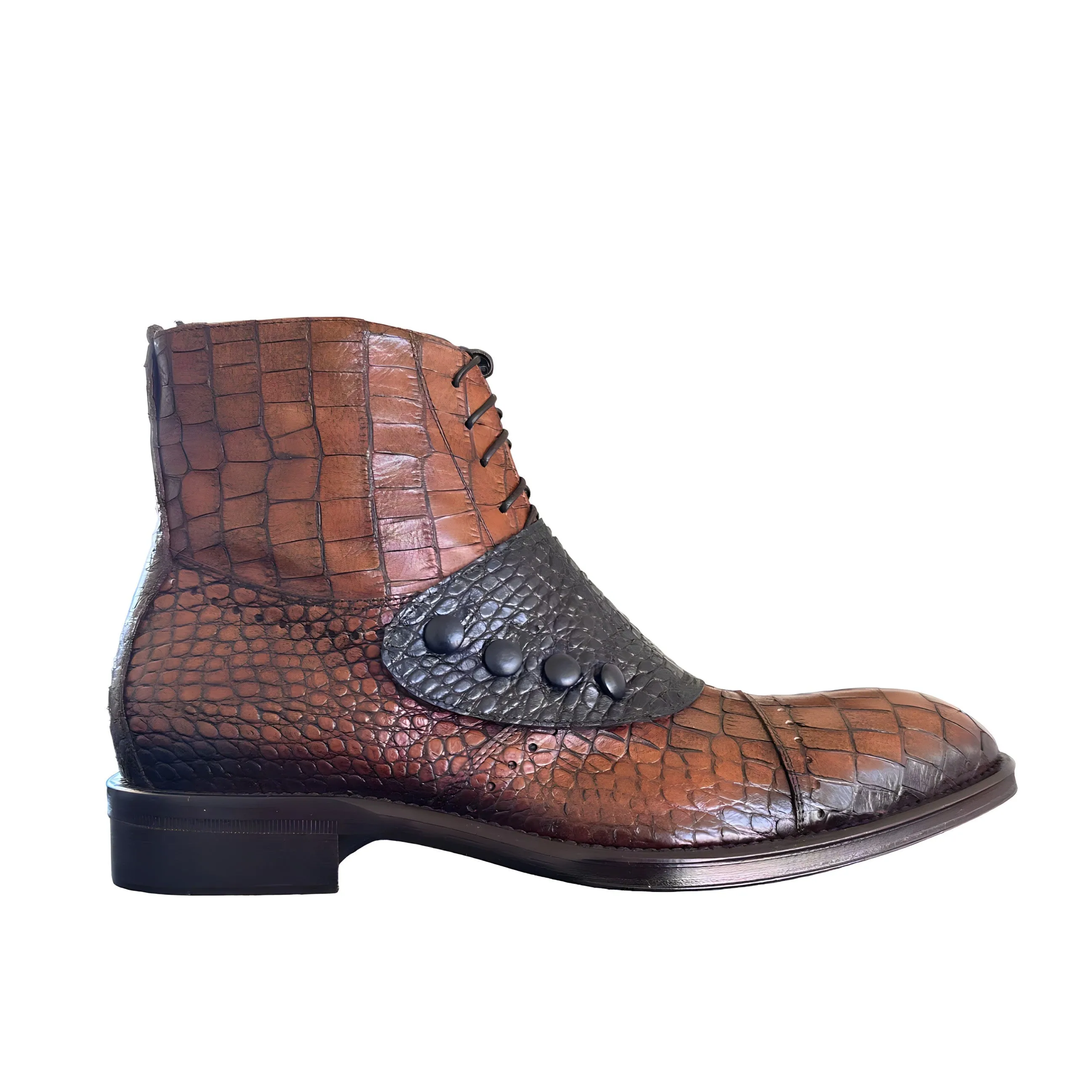 Jo Ghost 1788 Men's Shoes Brown & Navy Luisiana Crocodile Print Leather Ankle Boots (JG5322)