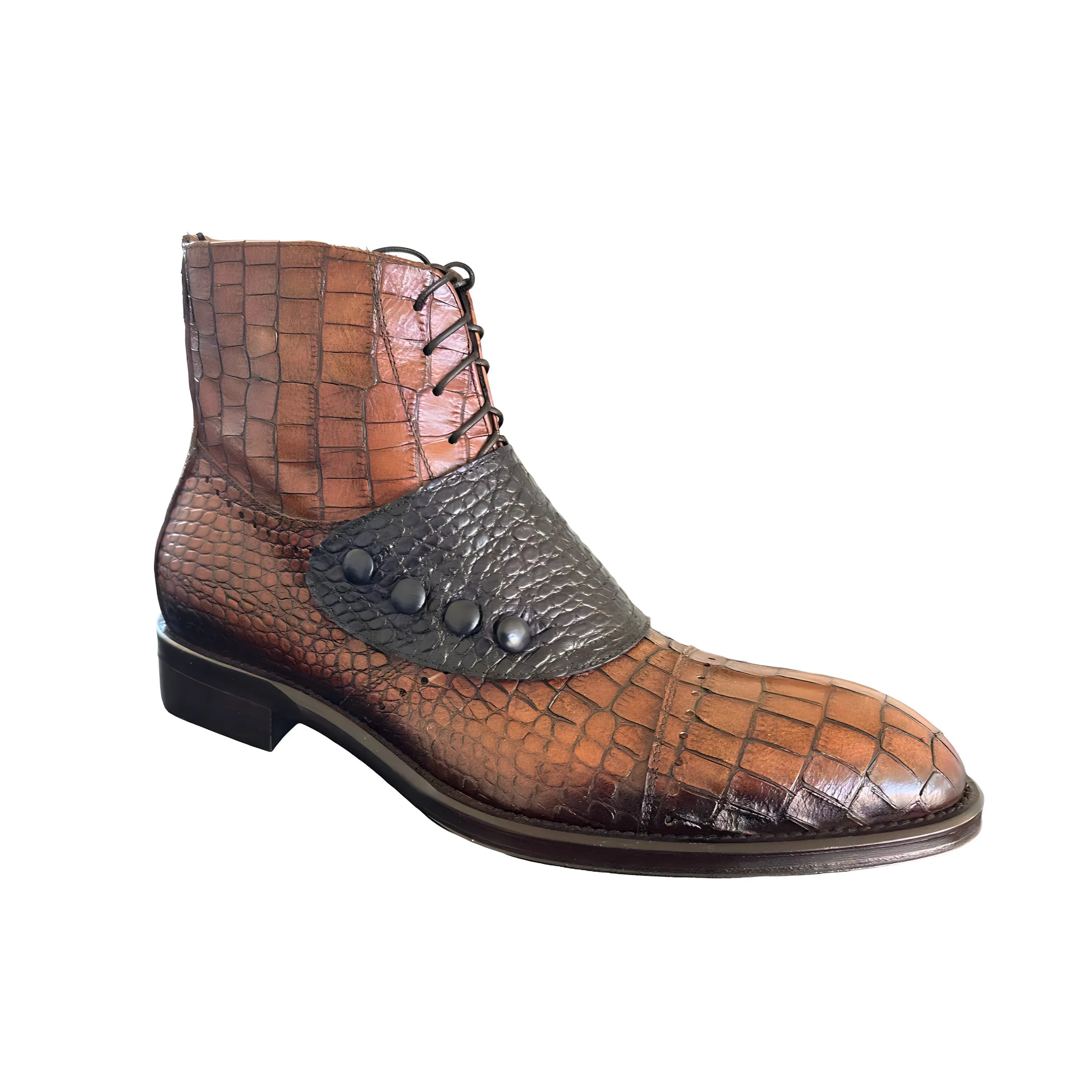 Jo Ghost 1788 Men's Shoes Brown & Navy Luisiana Crocodile Print Leather Ankle Boots (JG5322)