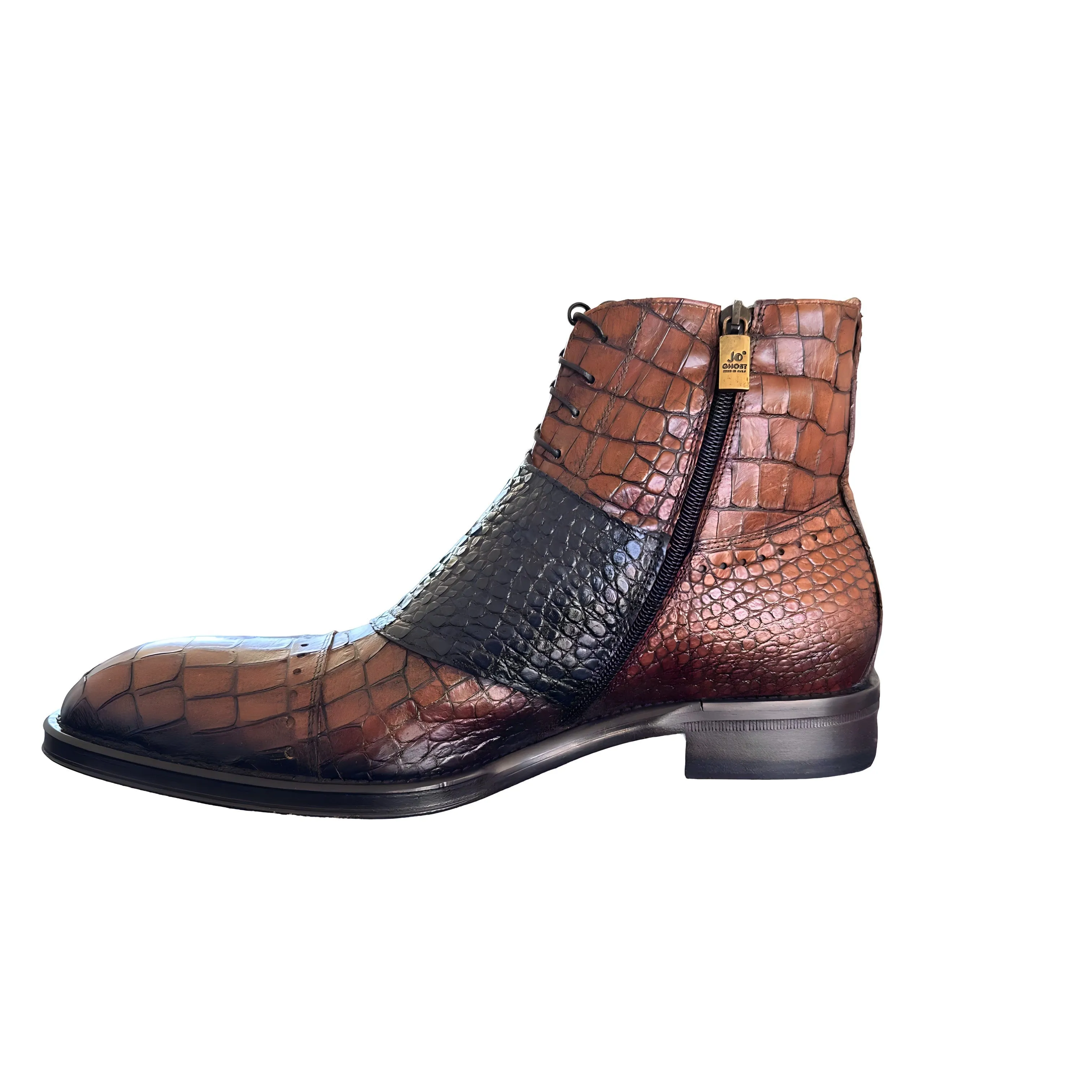 Jo Ghost 1788 Men's Shoes Brown & Navy Luisiana Crocodile Print Leather Ankle Boots (JG5322)