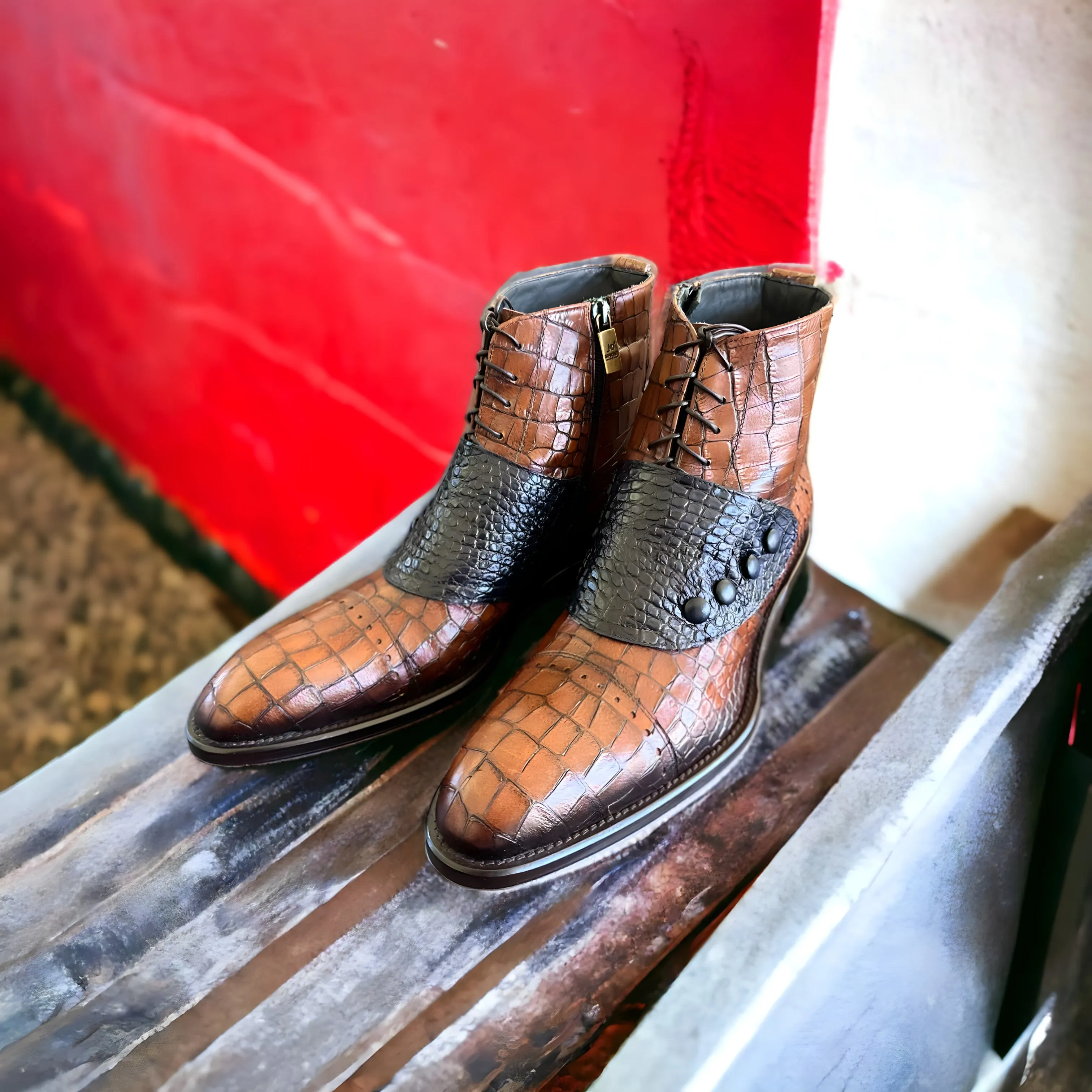 Jo Ghost 1788 Men's Shoes Brown & Navy Luisiana Crocodile Print Leather Ankle Boots (JG5322)