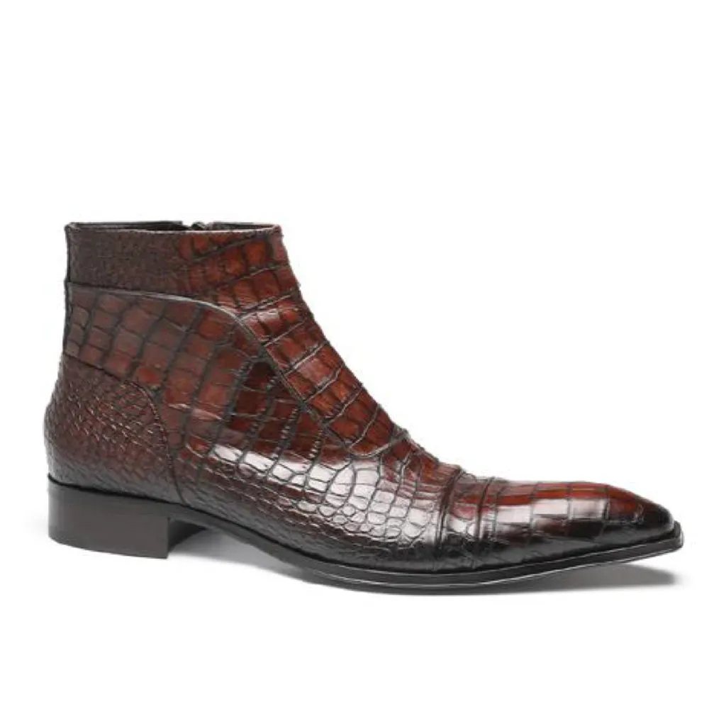 Jo Ghost 3239 Men's Shoes Luisiana Brown Crocodile Print Leather Ankle Boots (JG5321)