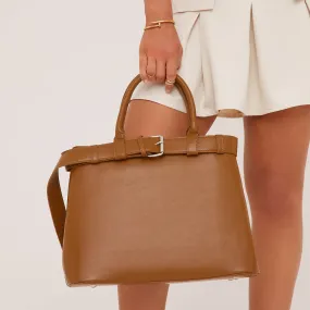 Josie Buckle Detail Oversized Tote Bag In Tan Brown Faux Leather