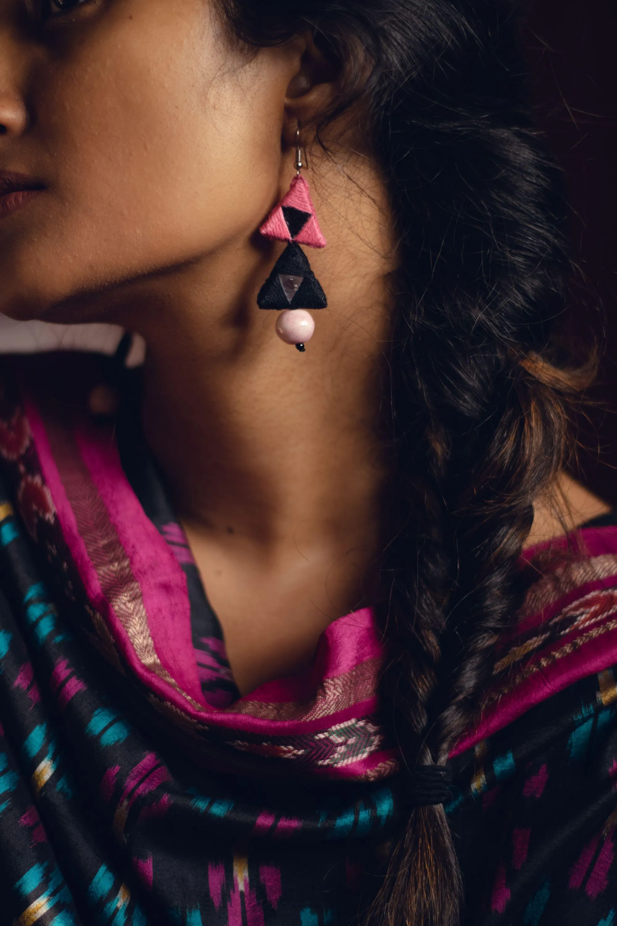 Kaisori Triad thread pottery earrings - pink and white