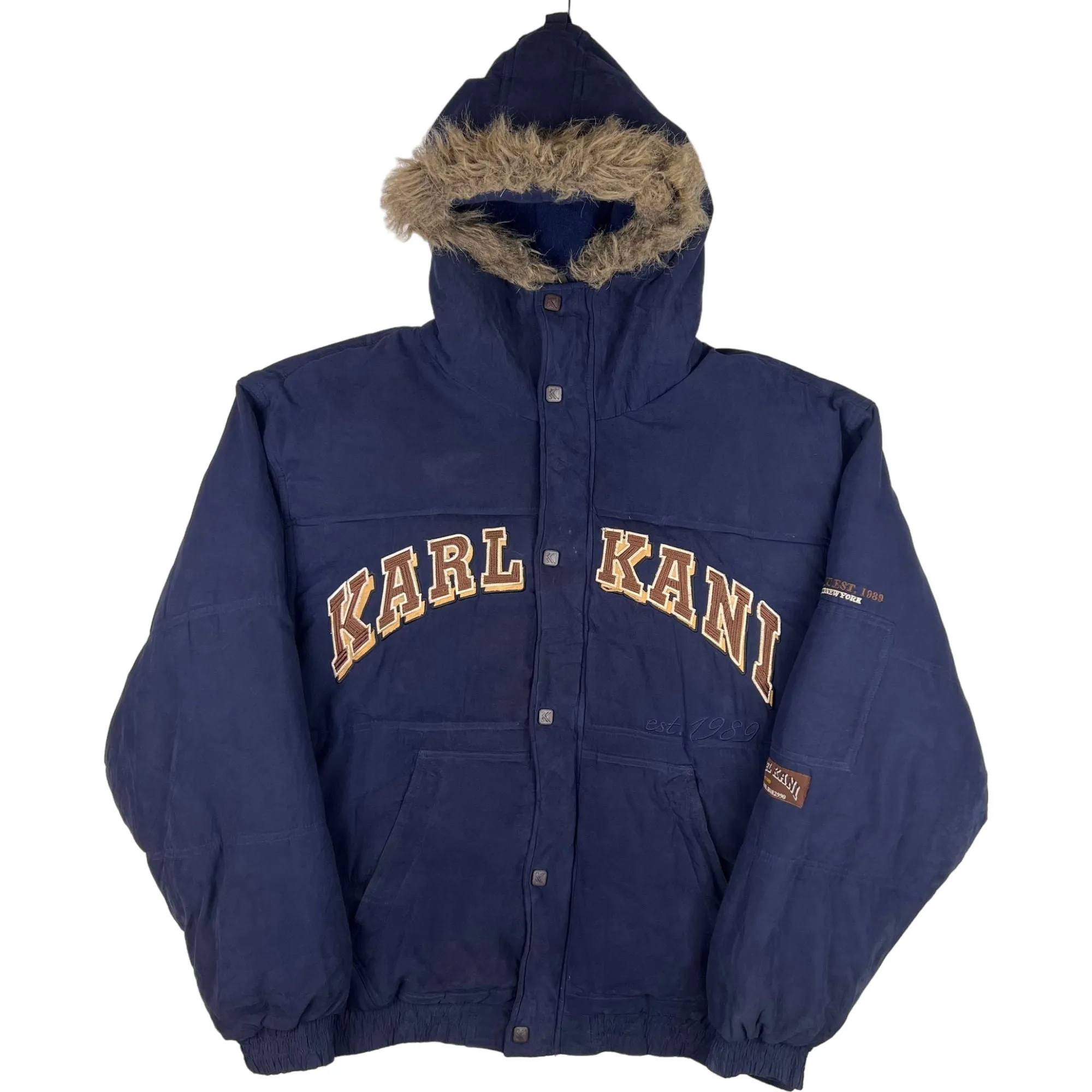 Karl Kani Big Logo Spell Out Hooded Puffer Jacket Navy