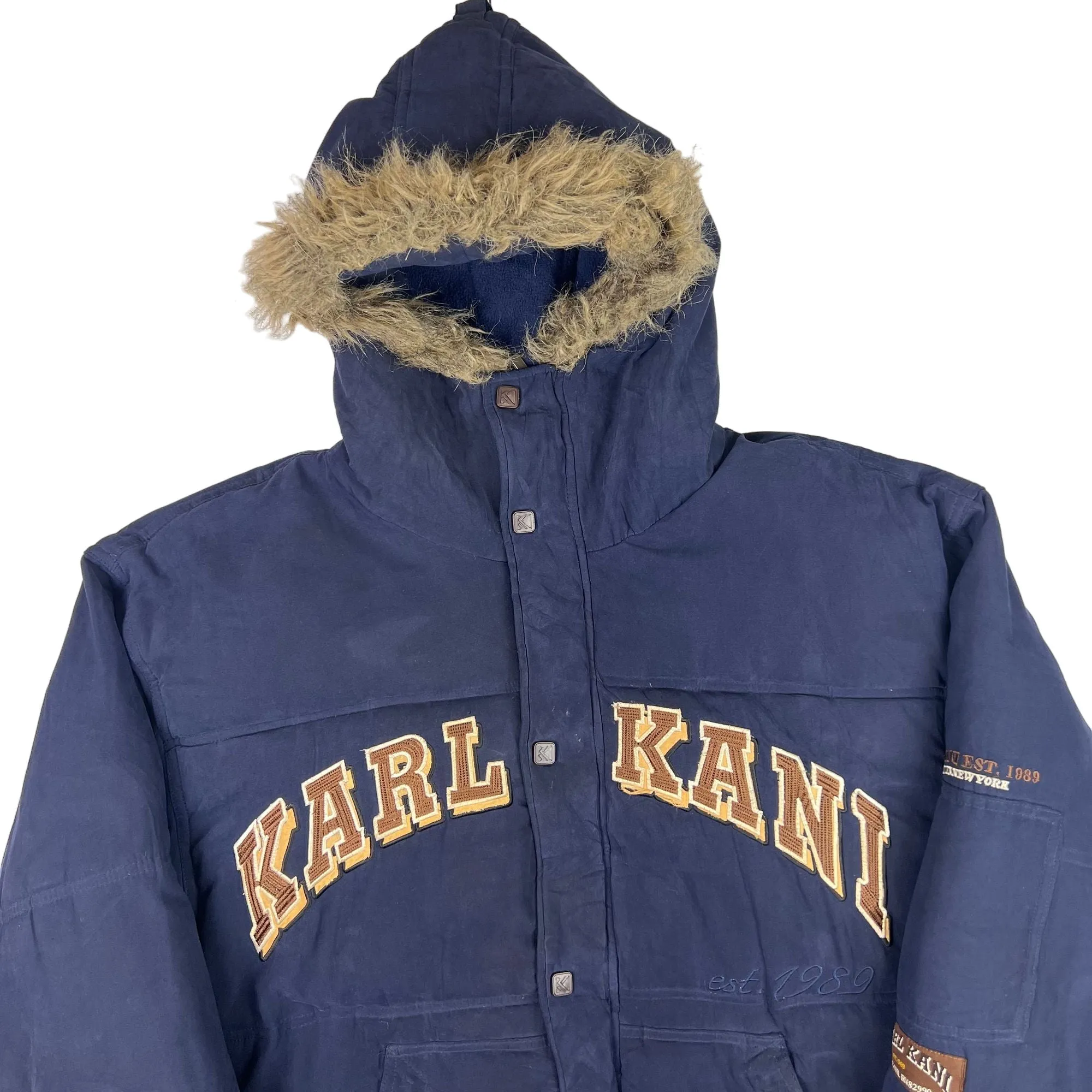 Karl Kani Big Logo Spell Out Hooded Puffer Jacket Navy