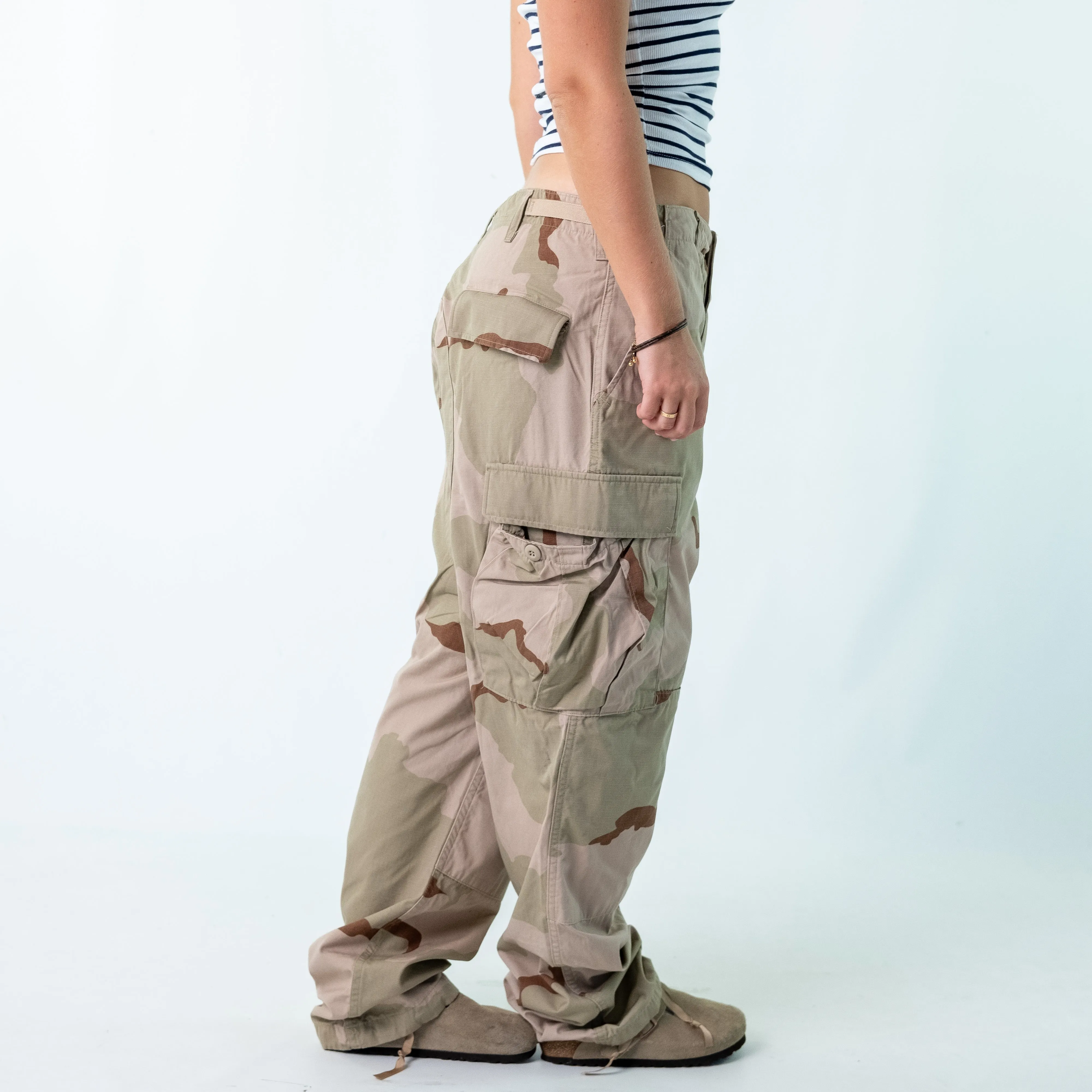 Khaki Green 90s  Camo Woven Cargo Pants Baggy Pants (34x32)