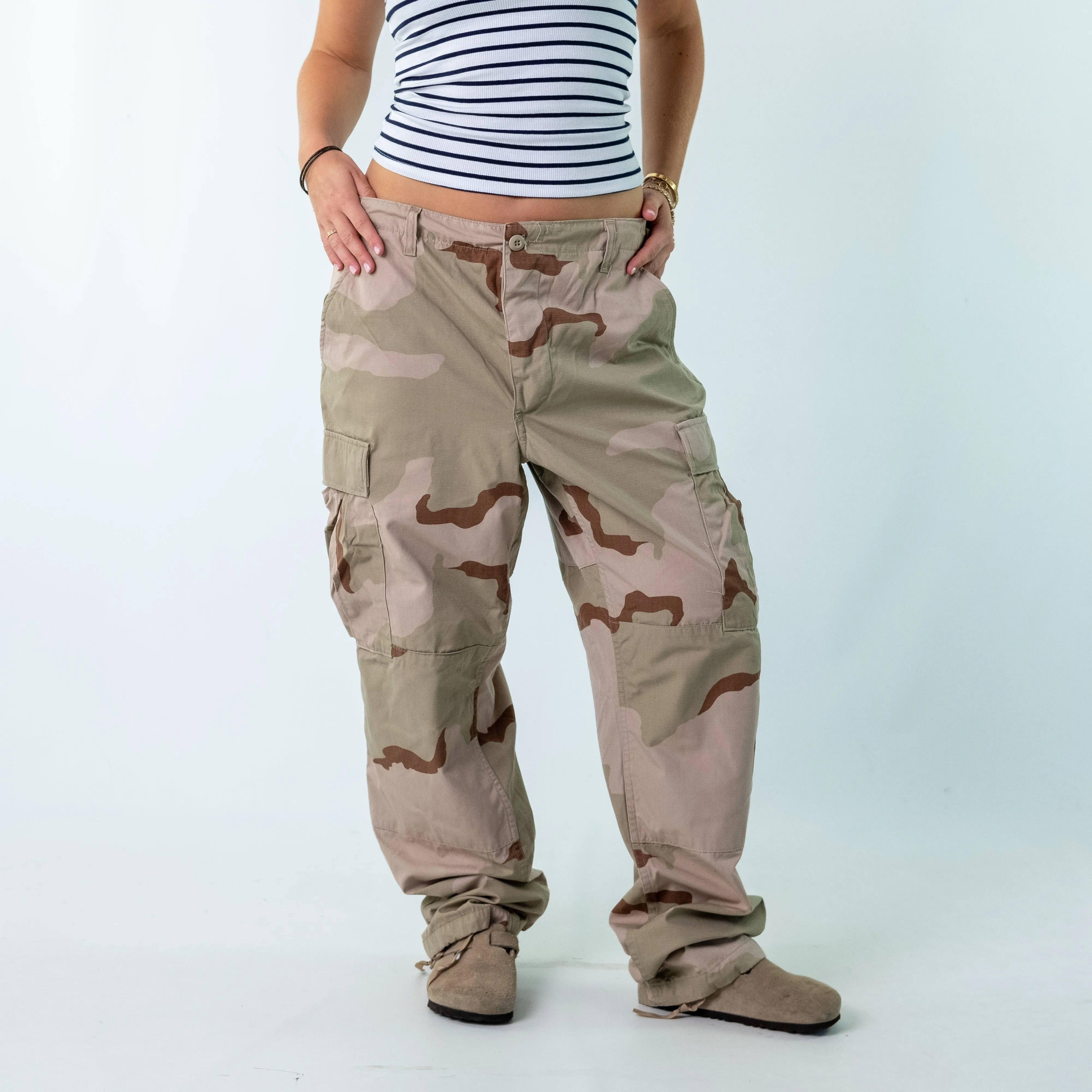 Khaki Green 90s  Camo Woven Cargo Pants Baggy Pants (34x32)