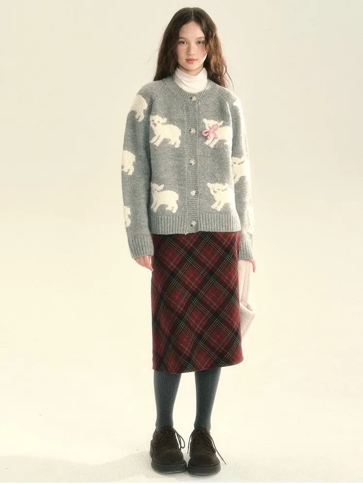 Knit Sheep Ribbon Retro Cres-Neck Cardigan