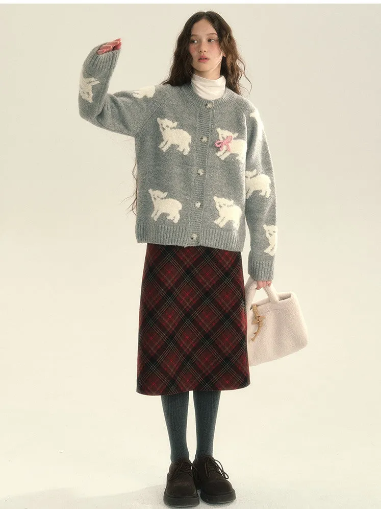 Knit Sheep Ribbon Retro Cres-Neck Cardigan