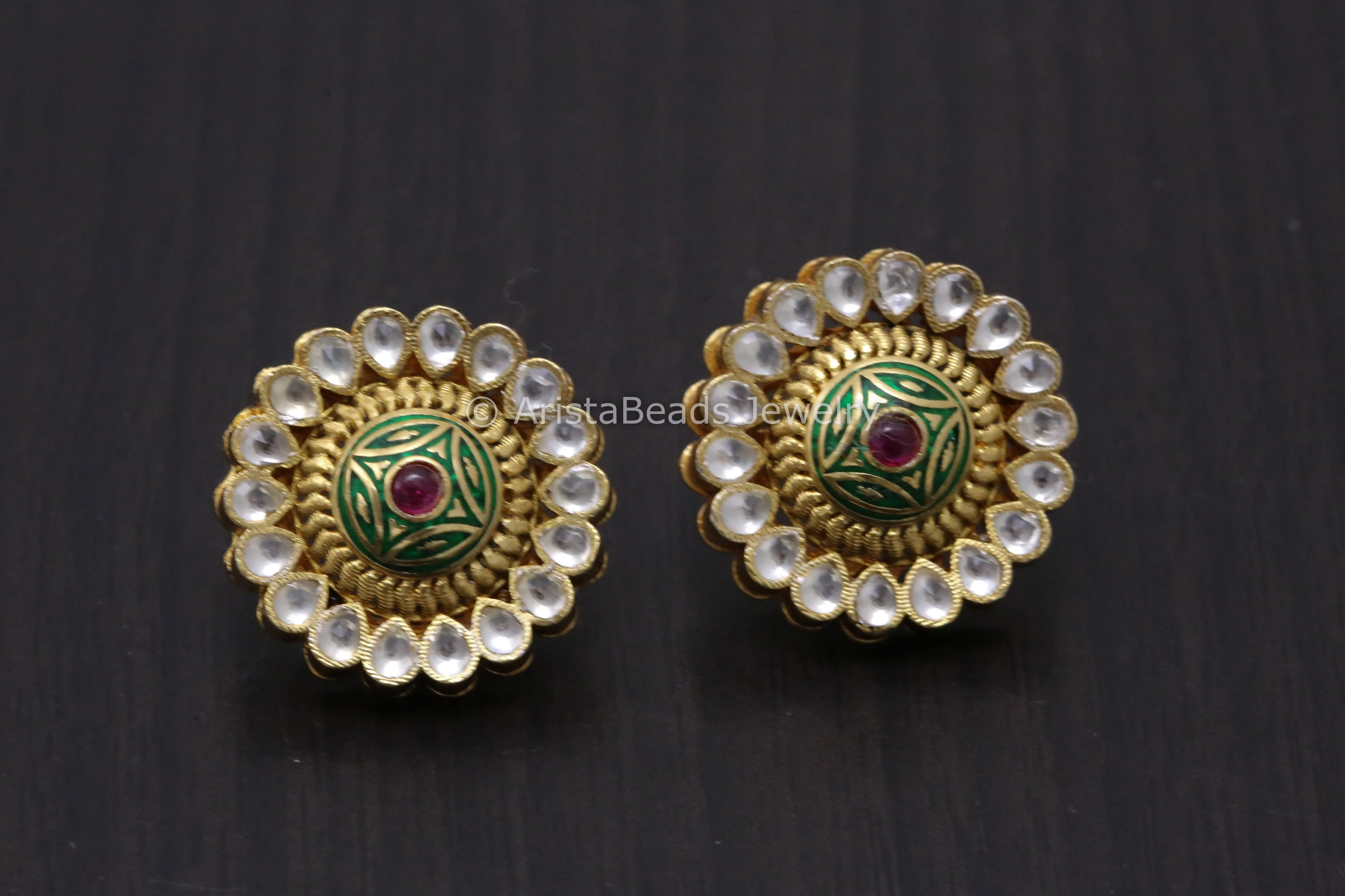 Kundan Polki Enamel Studs - Green