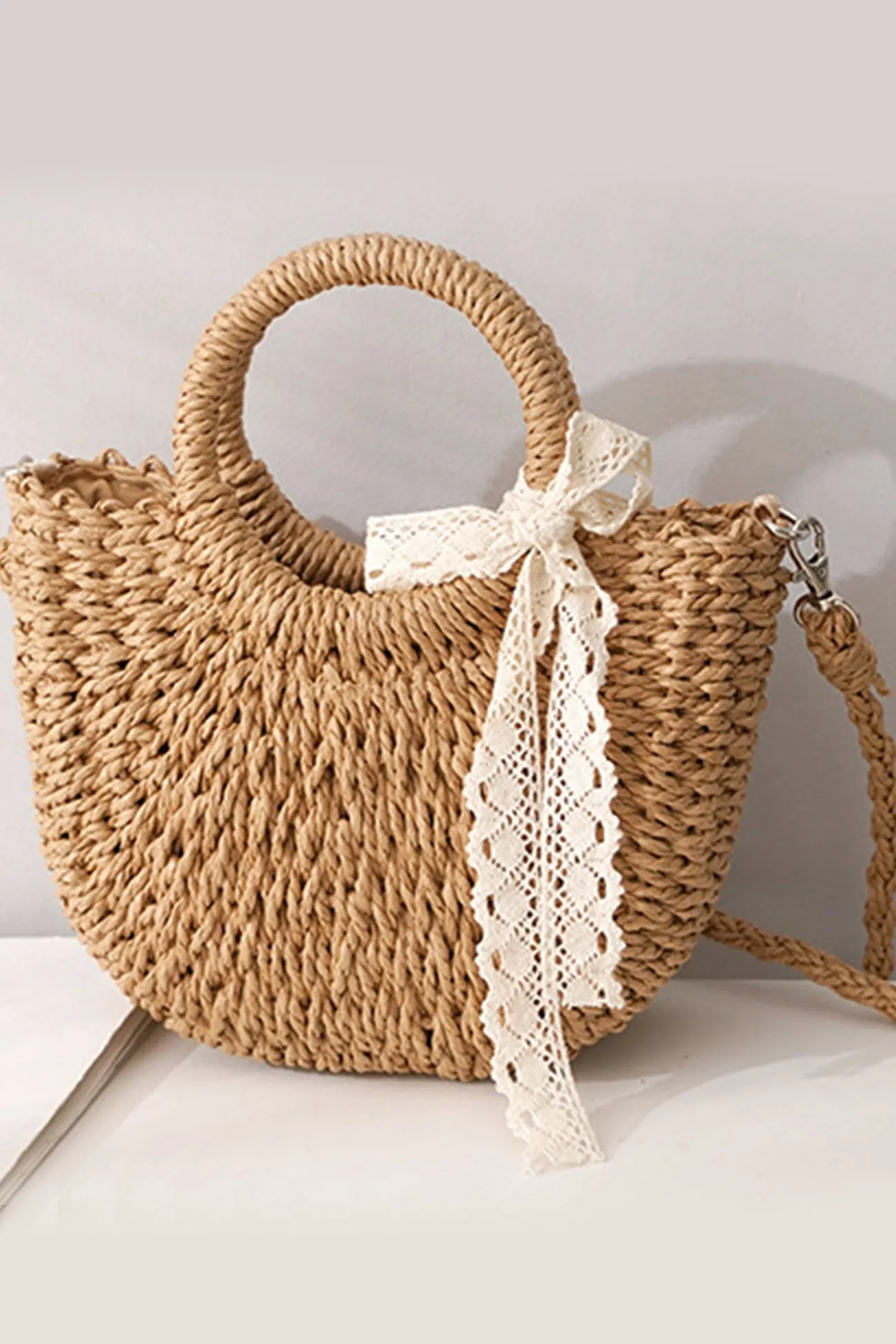Lace Bow Handmade Straw Bag