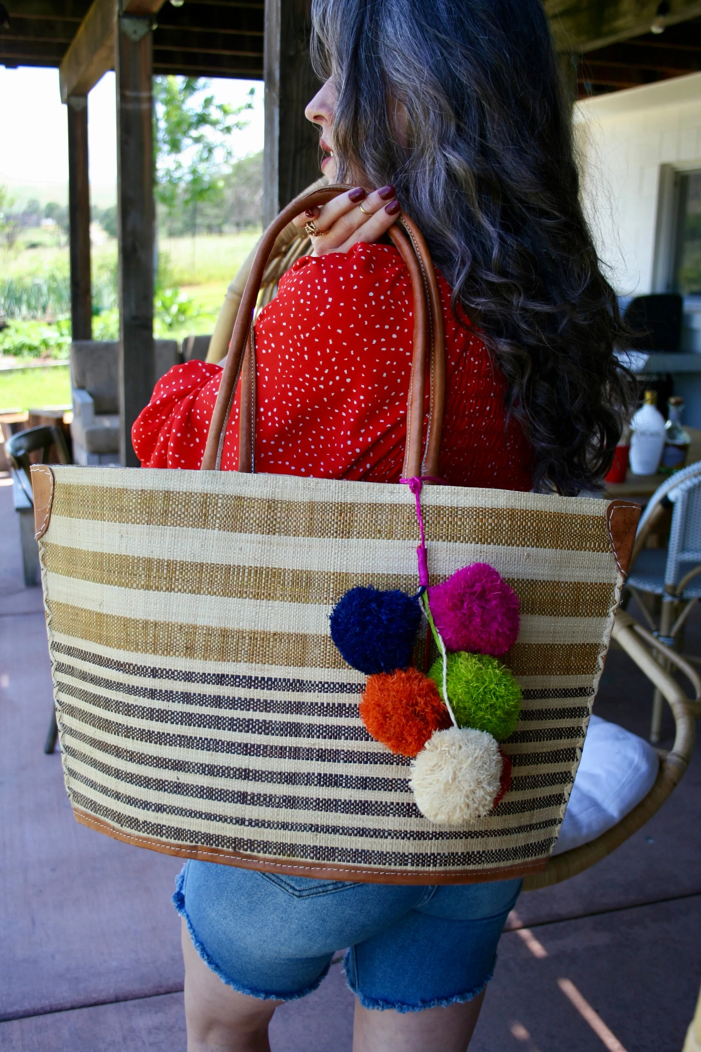 Laguna Straw Tote Bag with Pompom Cluster Charm Embellishment