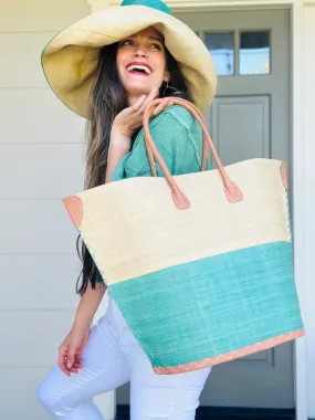 Large Santa Cruz Two-Tone Straw Tote Bag by Shebobo in Seafoam