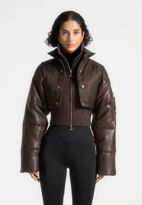 Leather and Nylon Layered Puffer Jacket - Brown