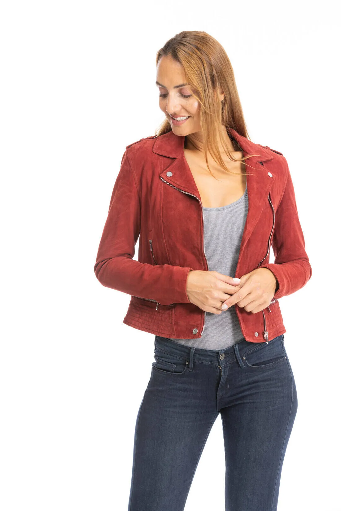 Leather jacket woman red perfecto style 101351