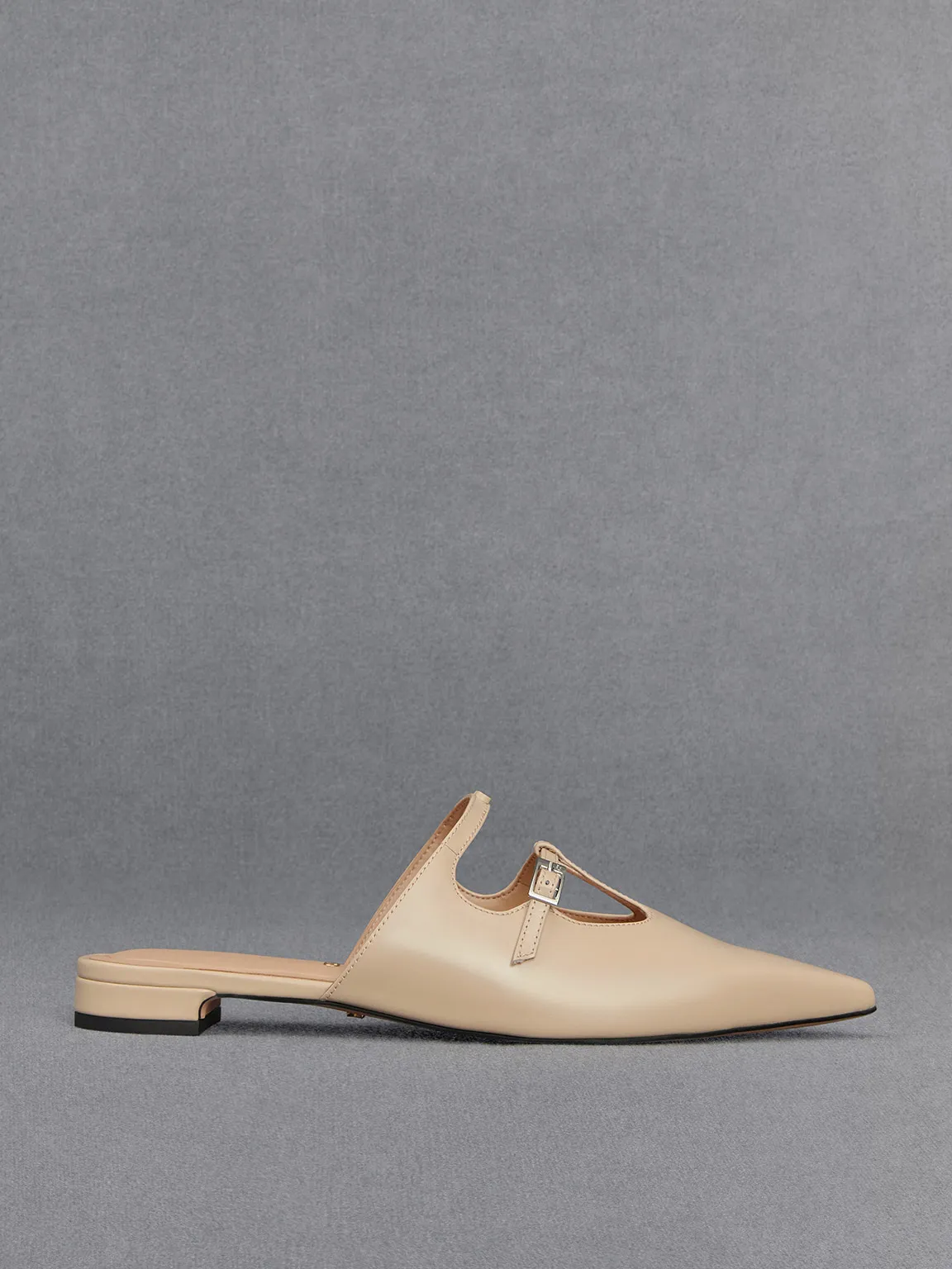Leather T-Bar Double-Strap Mules - Beige