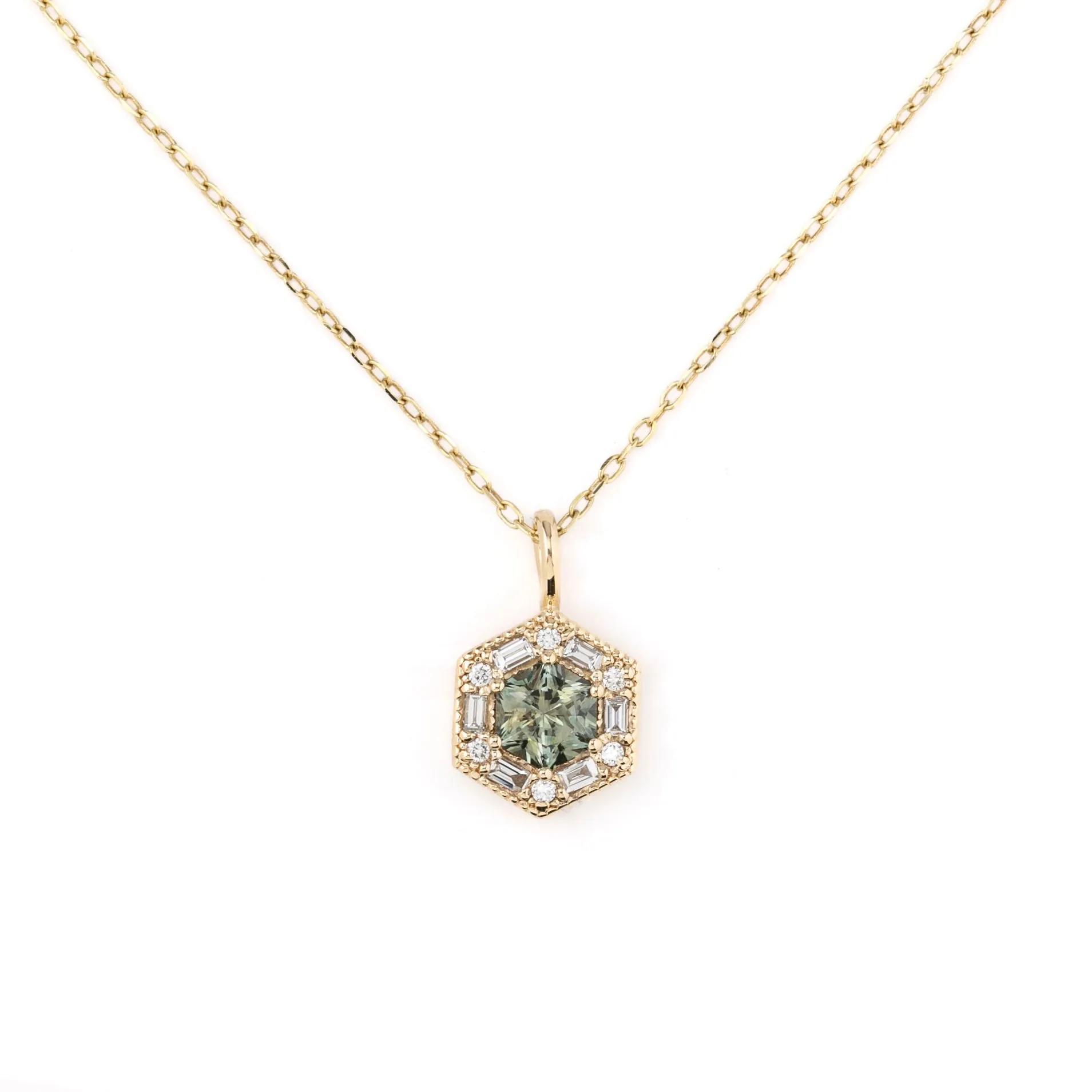 Lila Hexagon Necklace - 5mm Montana Green Sapphire Necklace, 14k yellow gold (One of a kind)