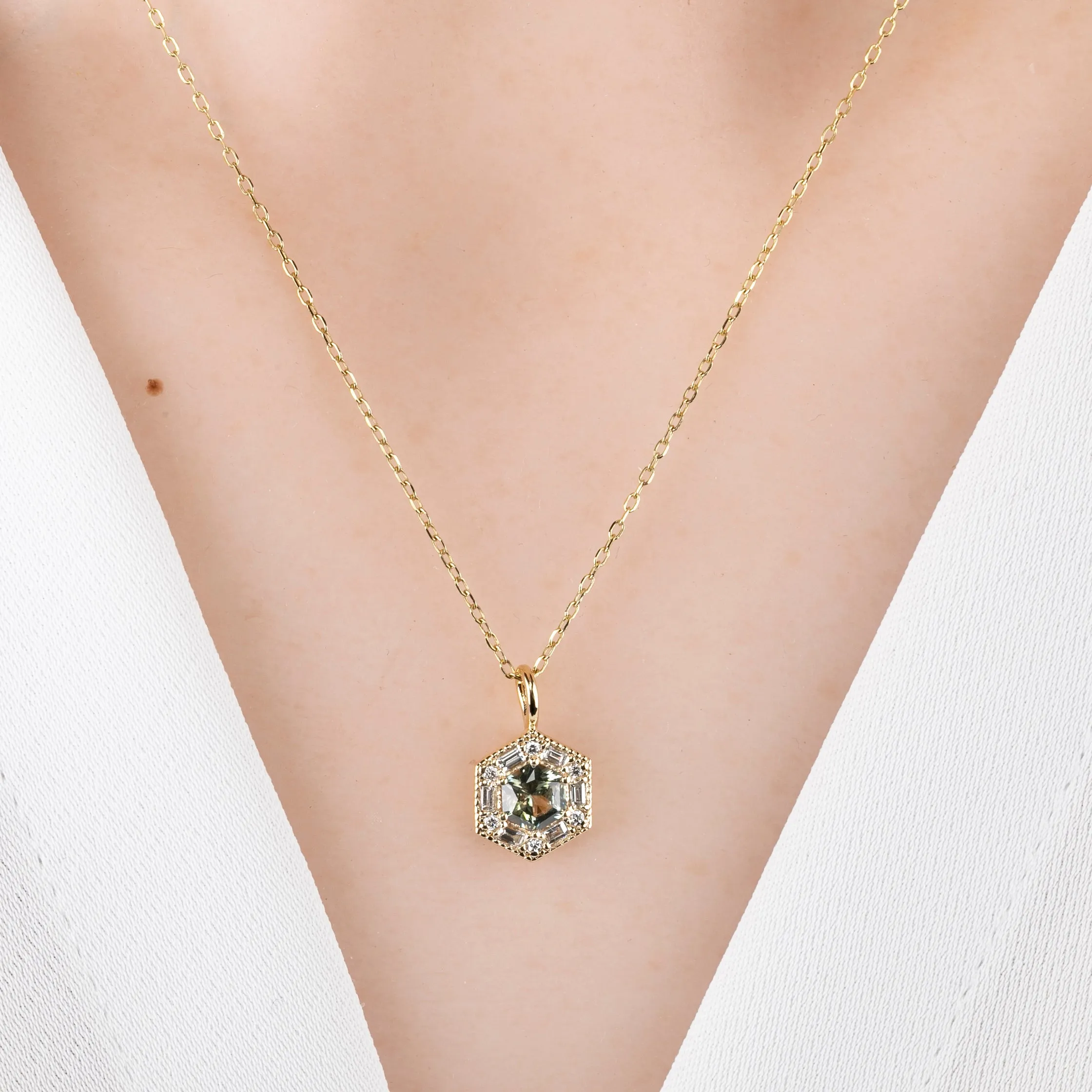 Lila Hexagon Necklace - 5mm Montana Green Sapphire Necklace, 14k yellow gold (One of a kind)