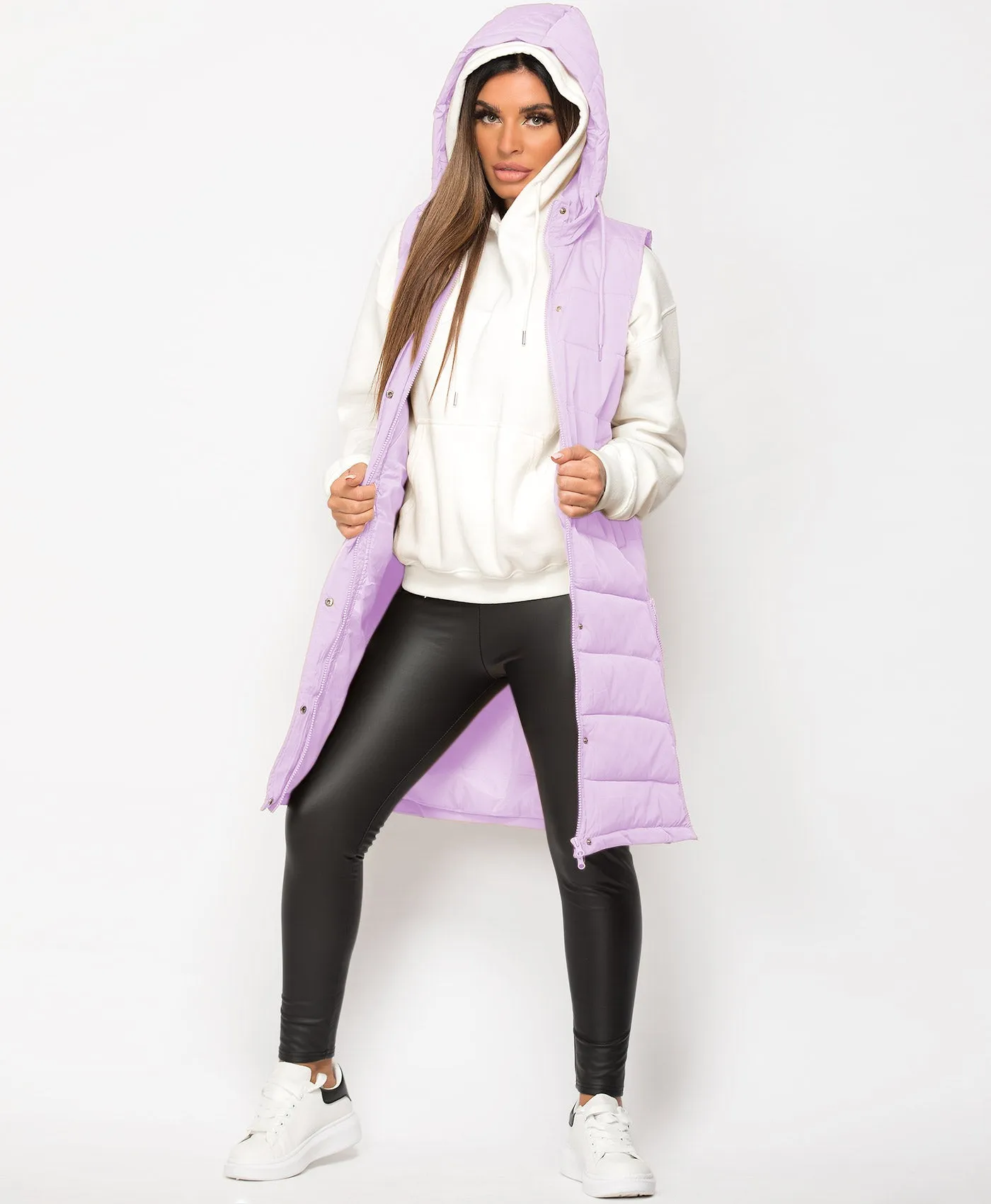 Lilac Hooded Side Split Quilted Puffer Long Gilet Bodywarmer