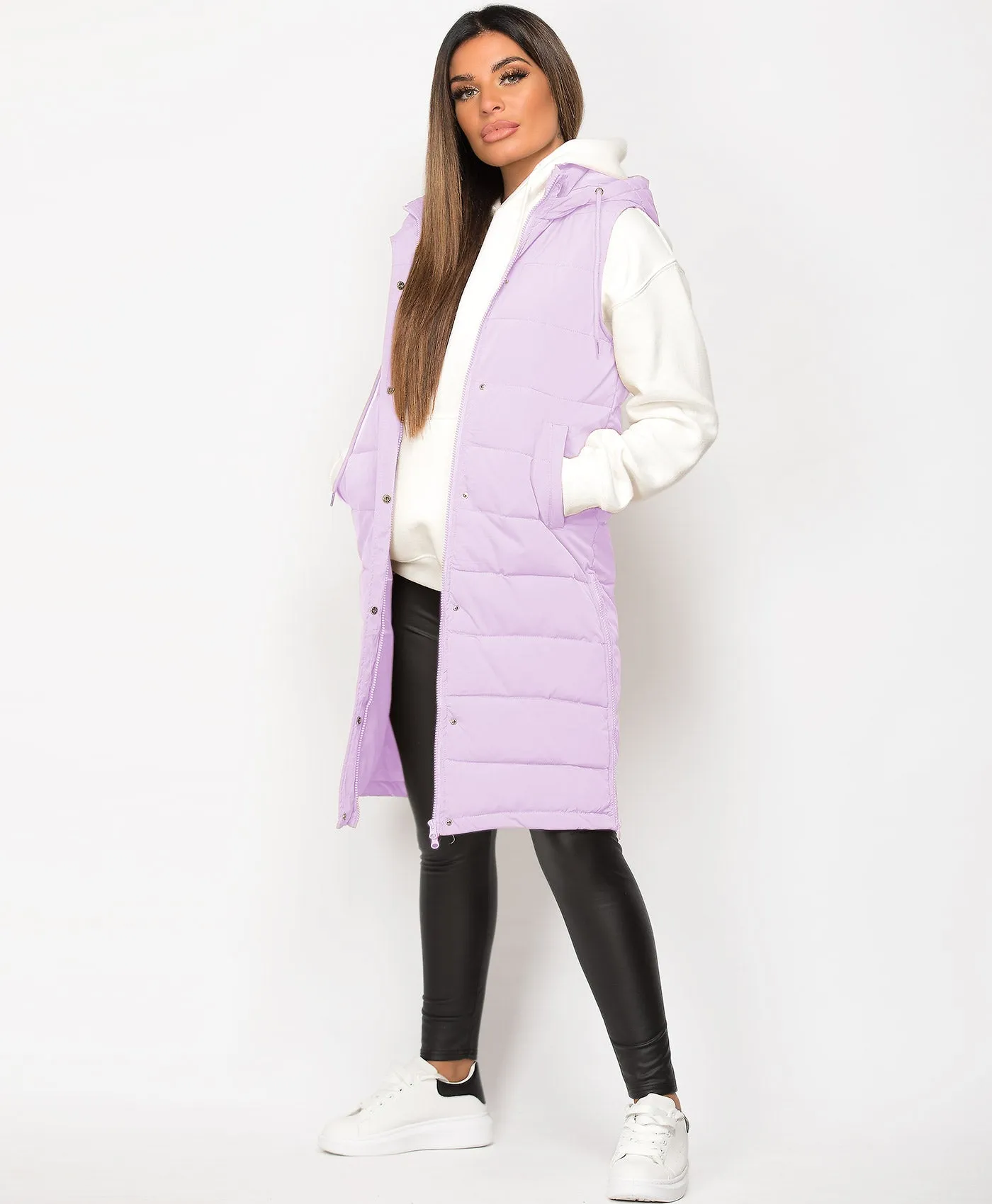 Lilac Hooded Side Split Quilted Puffer Long Gilet Bodywarmer