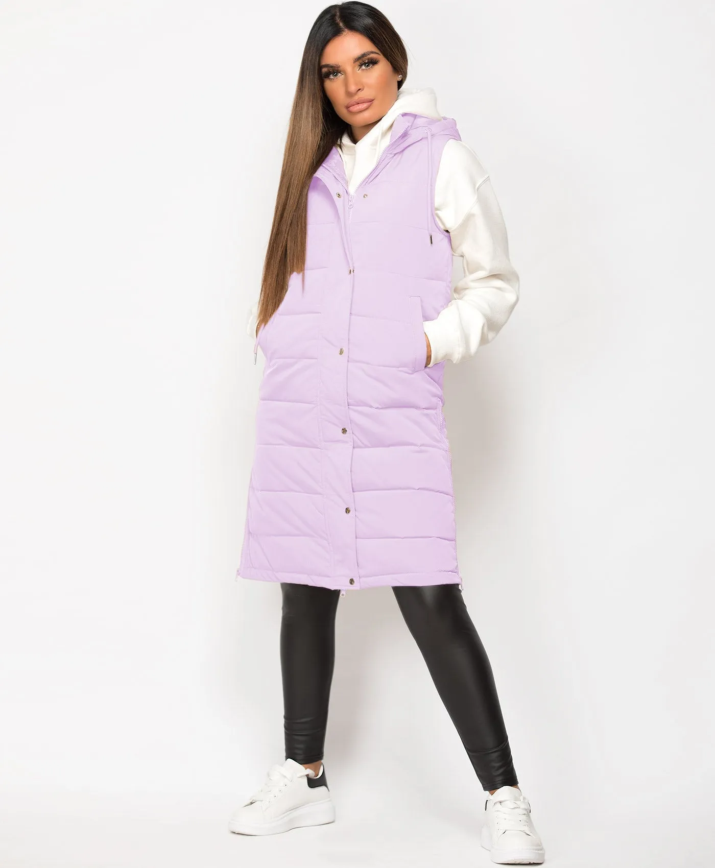 Lilac Hooded Side Split Quilted Puffer Long Gilet Bodywarmer