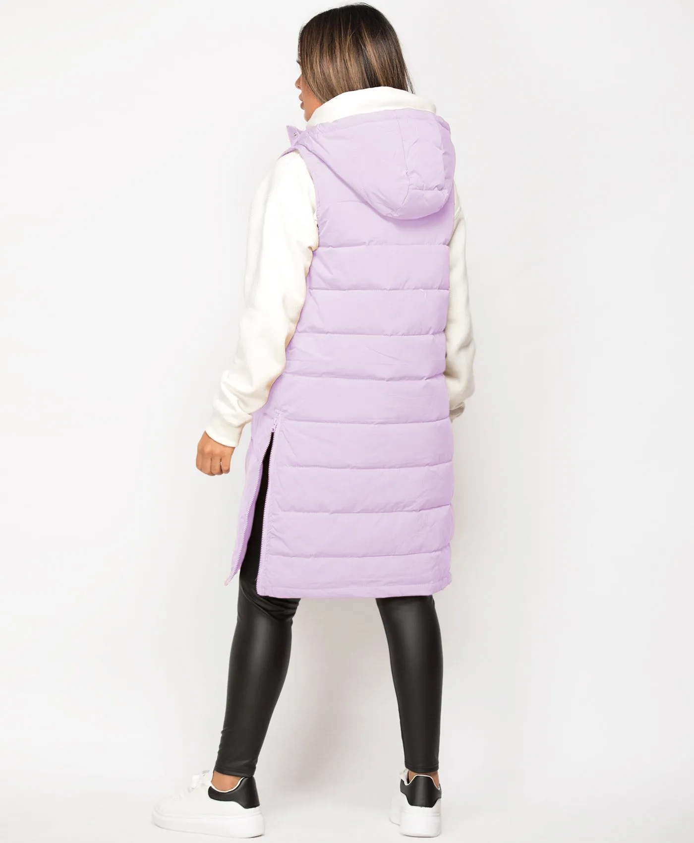 Lilac Hooded Side Split Quilted Puffer Long Gilet Bodywarmer