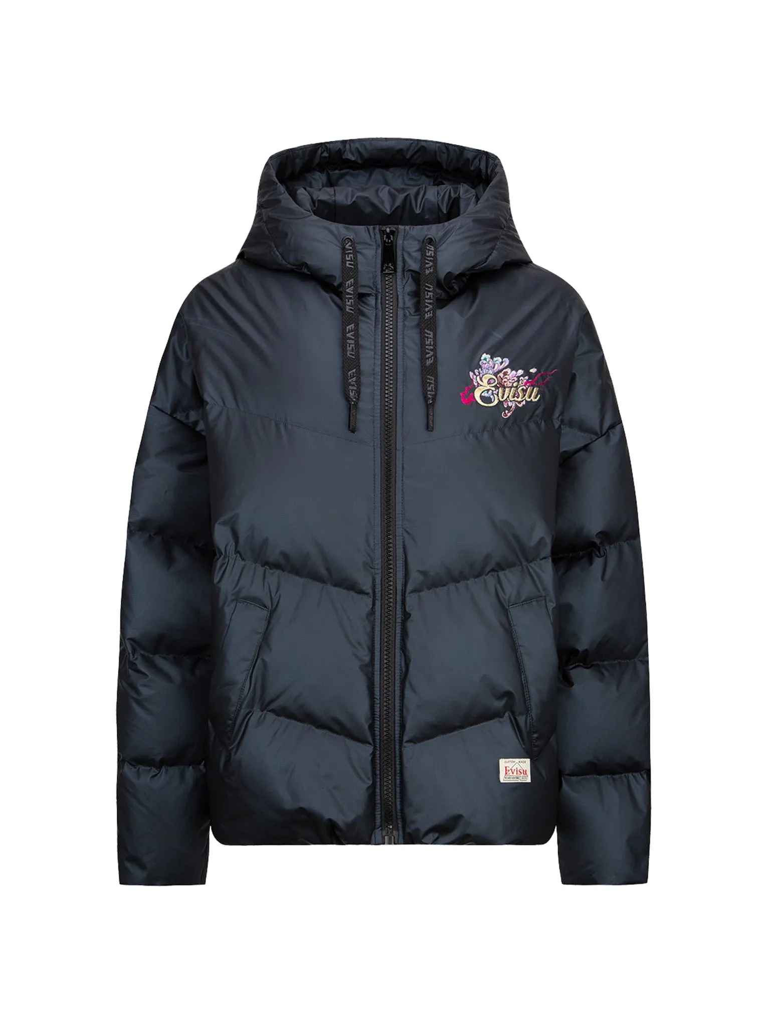 Logo and Chrysanthemum Motif Embroidered Down Jacket