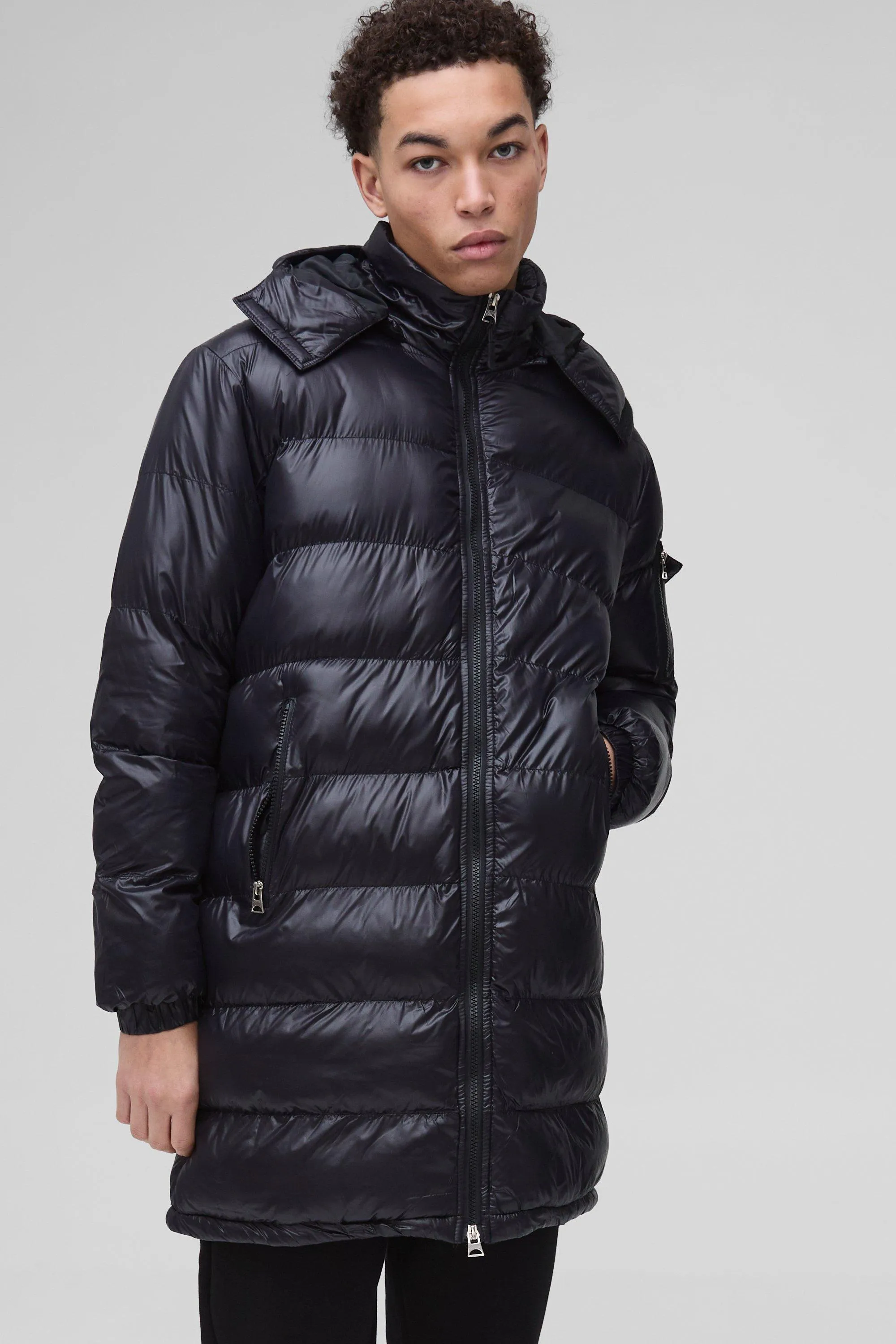 Longline High Shine Hooded Puffer in Black