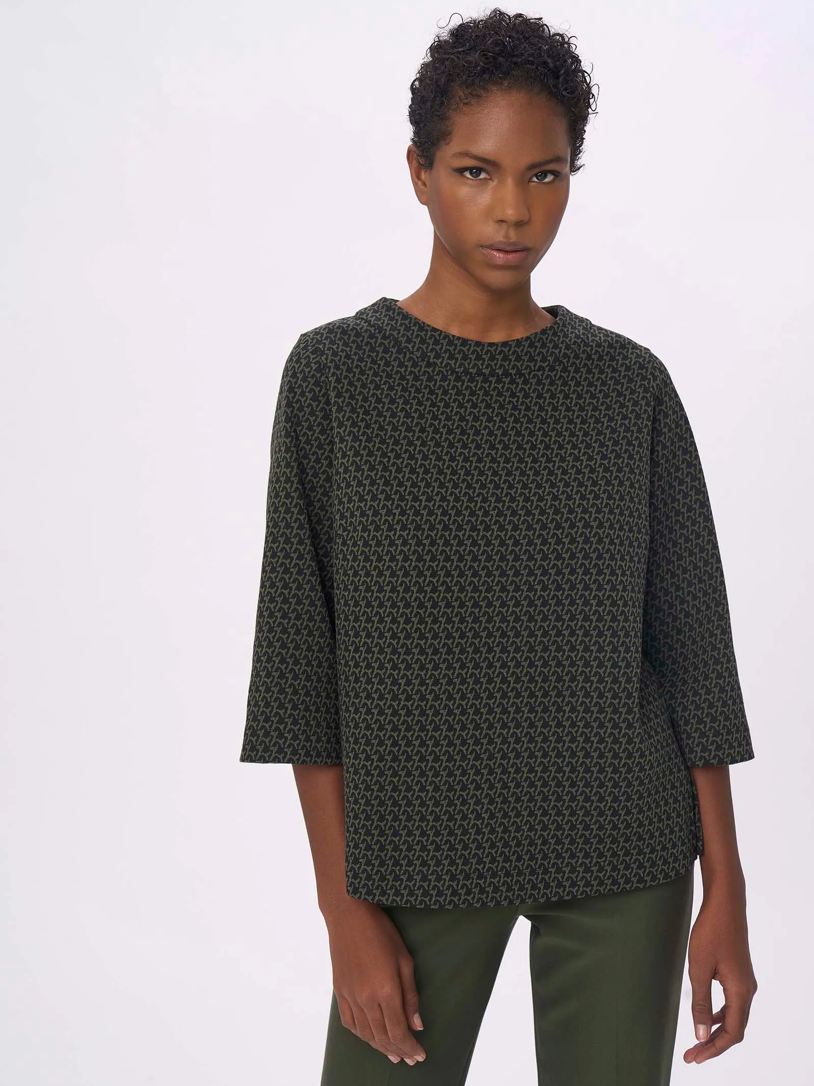 Maglia over con manica a 3/4 in Eco Jacquard - Fant. Kombu Green