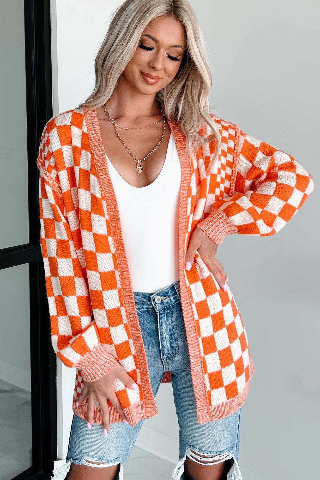 Magnetic Aura Checkered Cardigan (Orange)