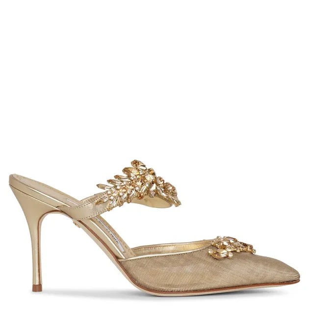 Manolo Blahnik Lurum 90 gold mesh mules