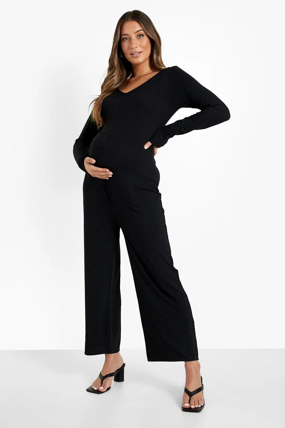 Maternity Long Sleeve Rib Culotte Jumpsuit