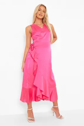Maternity Satin Ruffle Wrap Midi Dress