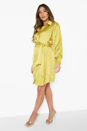 Maternity Tie Waist Satin Shirt Dress