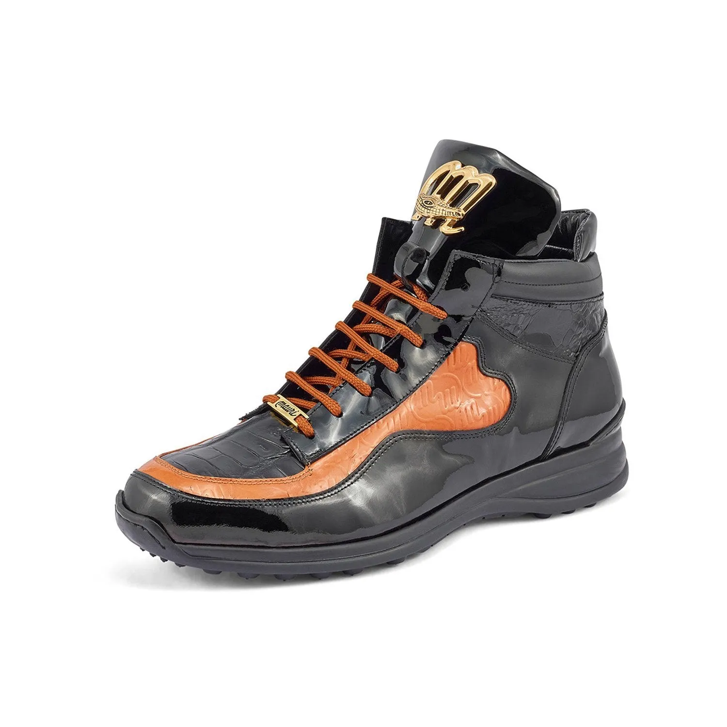 Mauri 8409 Hype Men's Shoes Black & Cognac Exotic Crocodile / Ostrich Leg / Patent Leather High-Top Sneakers (MA5406)