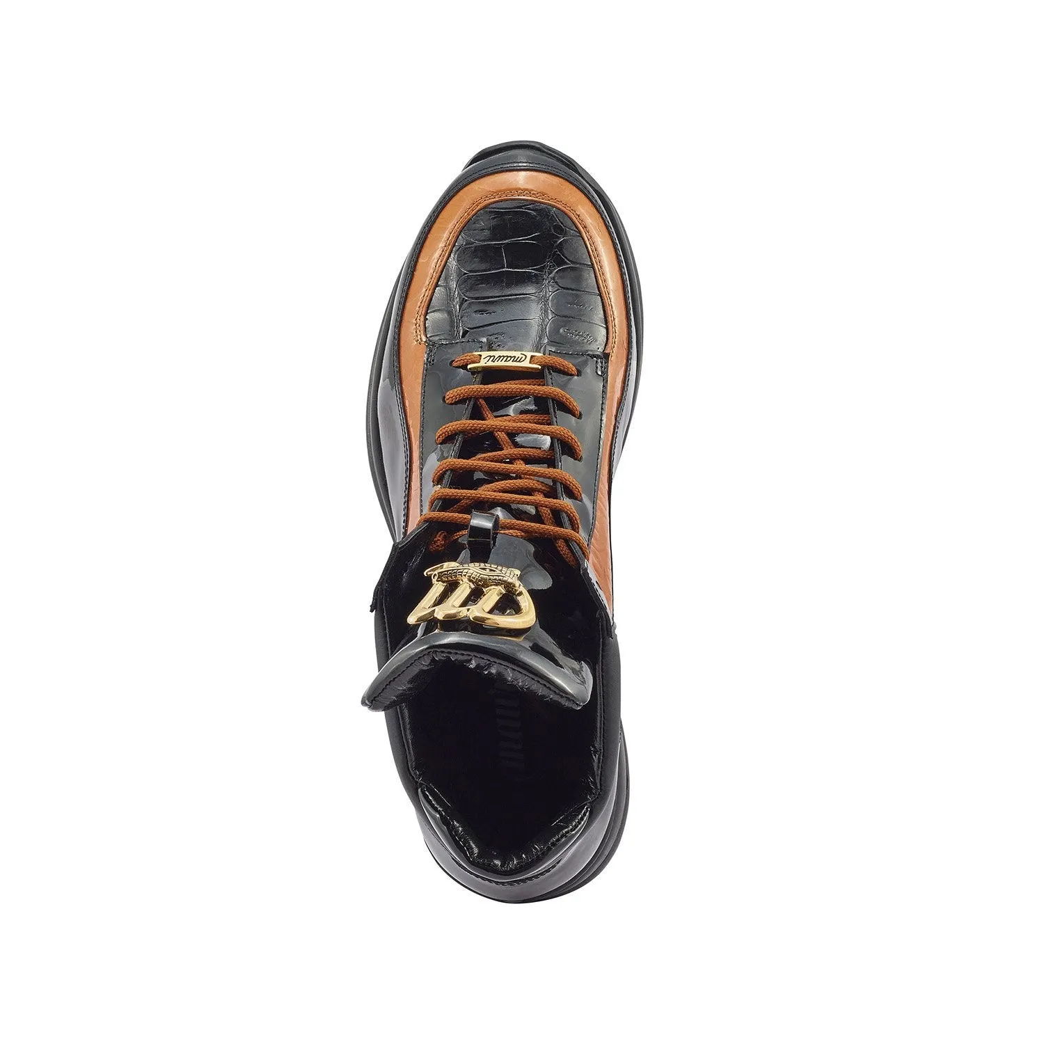 Mauri 8409 Hype Men's Shoes Black & Cognac Exotic Crocodile / Ostrich Leg / Patent Leather High-Top Sneakers (MA5406)